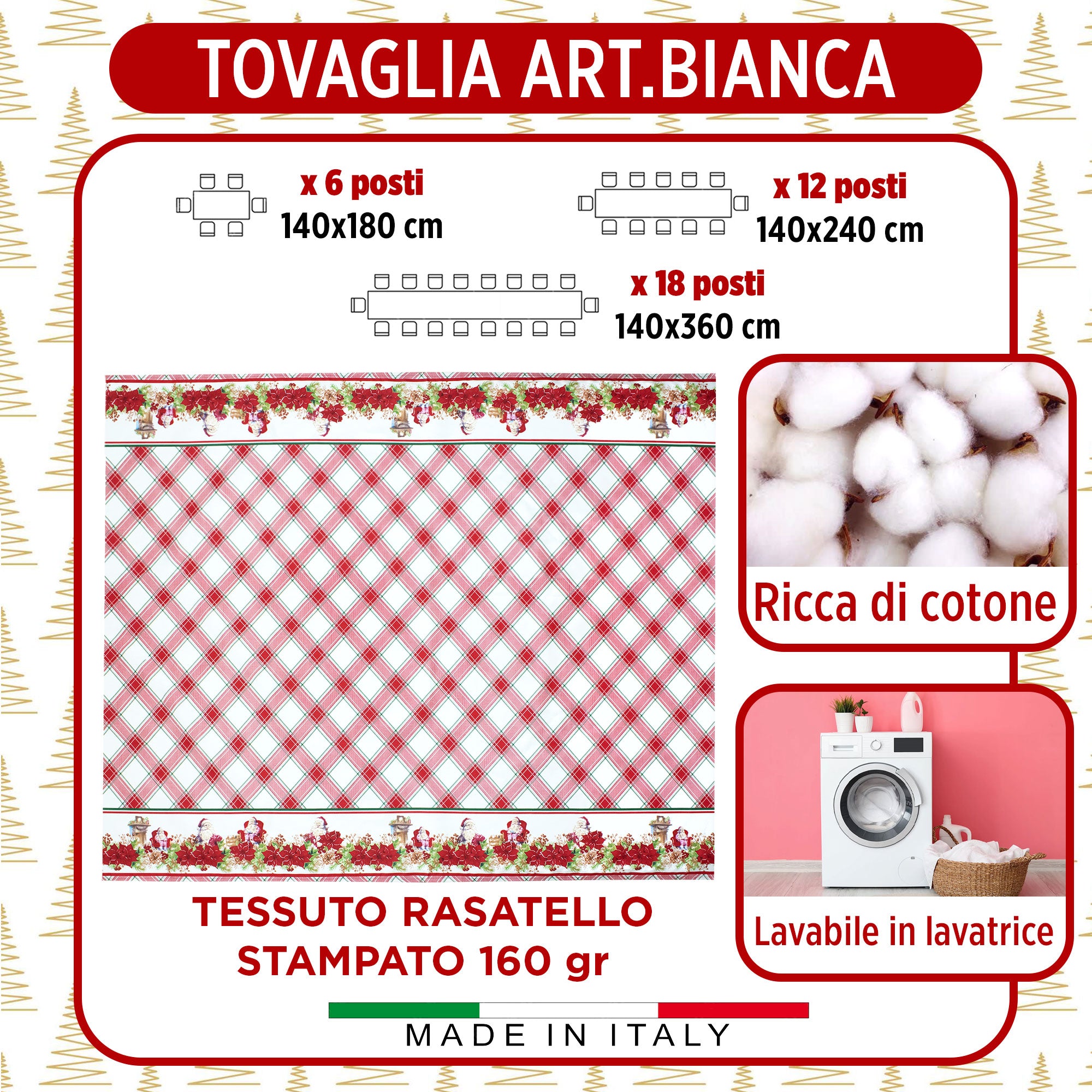 Tovaglia Natalizia in Rasatello Made in Italy Decoro Natale varie misure 7132