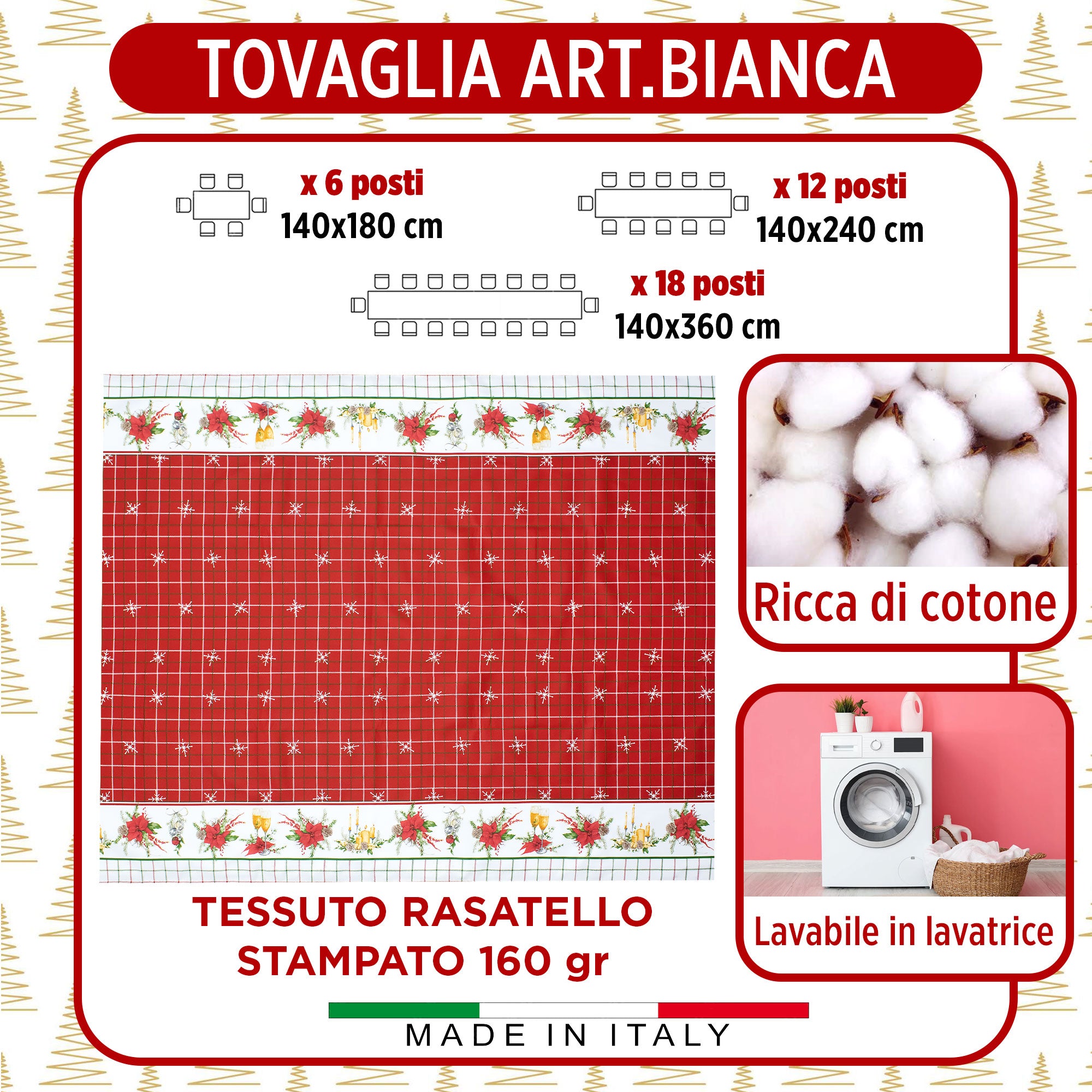 Tovaglia Natalizia in Rasatello Made in Italy Decoro Natale varie misure 7132