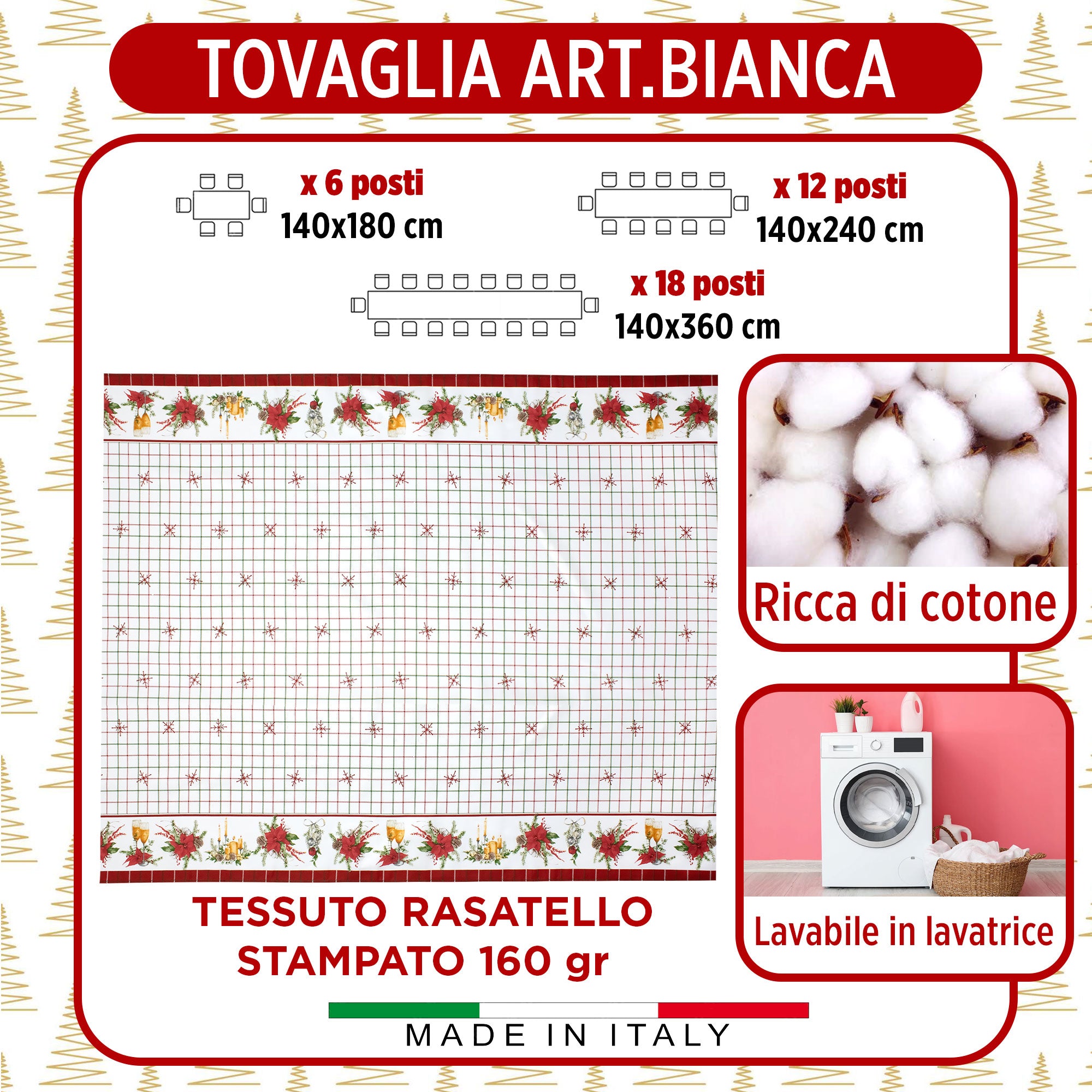 Tovaglia Natalizia in Rasatello Made in Italy Decoro Natale varie misure 7132