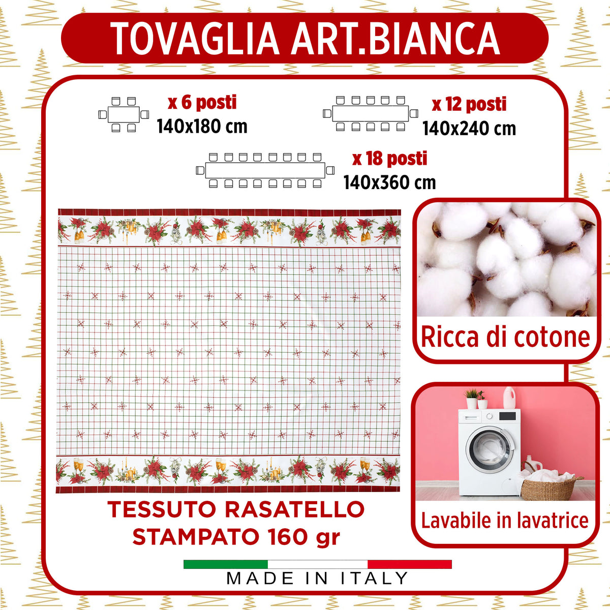 Tovaglia Natalizia in Rasatello Made in Italy Decoro Natale varie misure 7132