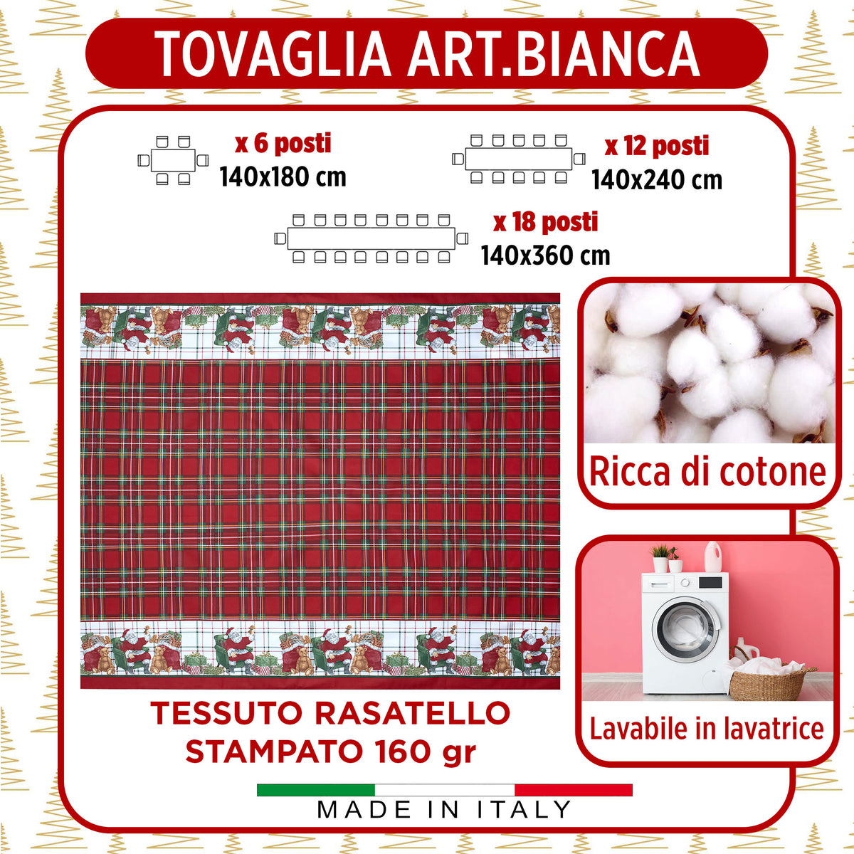 Tovaglia Natalizia in Rasatello Made in Italy Decoro Natale varie misure 7132