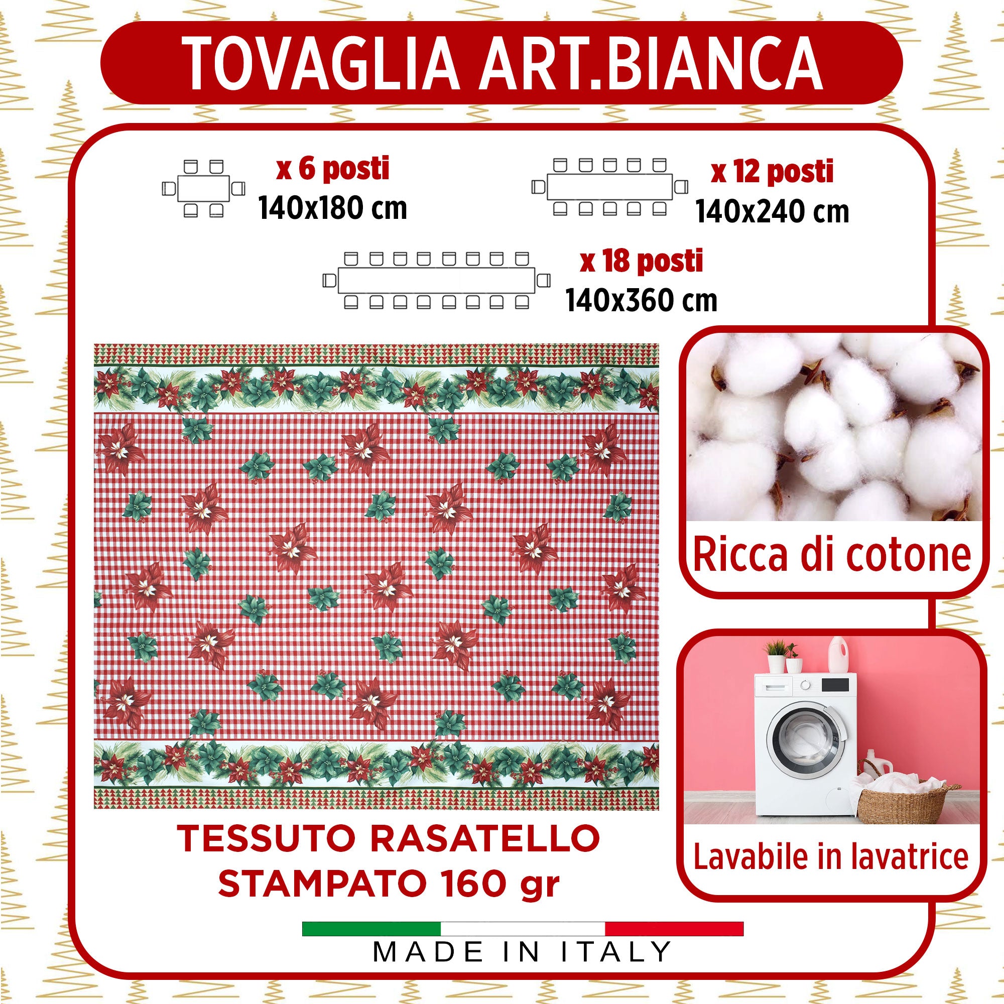 Tovaglia Natalizia in Rasatello Made in Italy Decoro Natale varie misure 7132