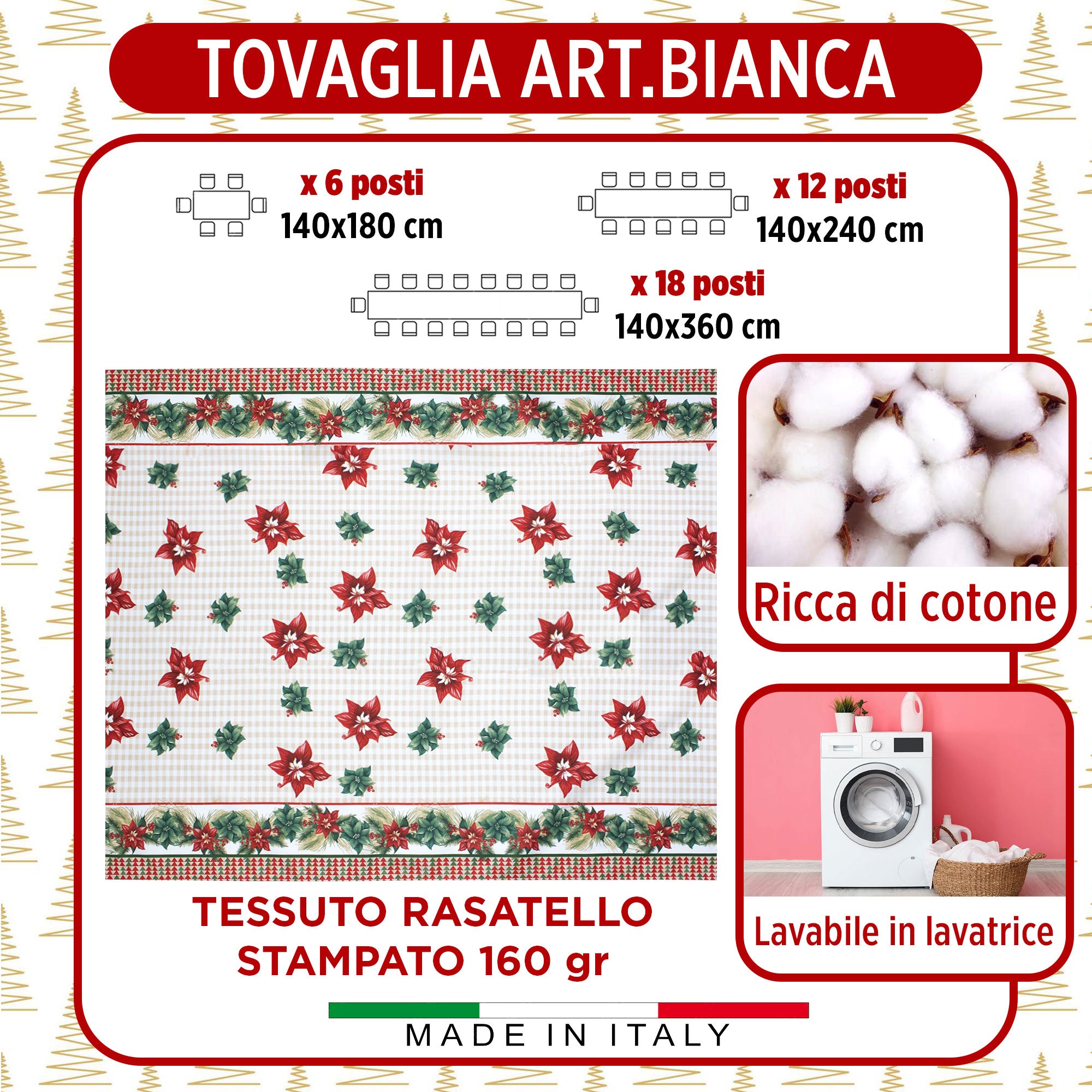Tovaglia Natalizia in Rasatello Made in Italy Decoro Natale varie misure 7132
