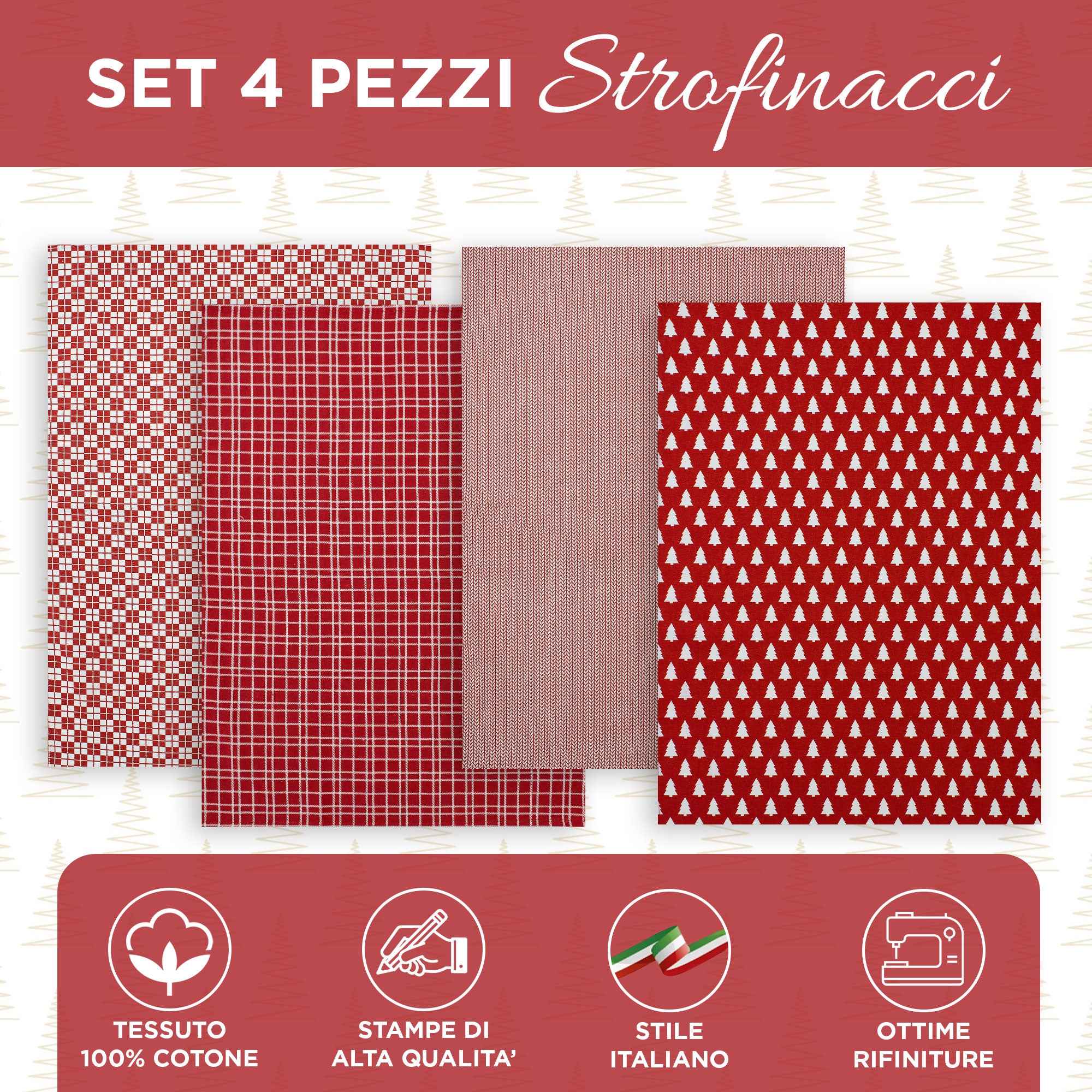 Set Strofinacci Natalizi Canovacci cotone 4 Pezzi Decoro Natale Idea Regalo 7134
