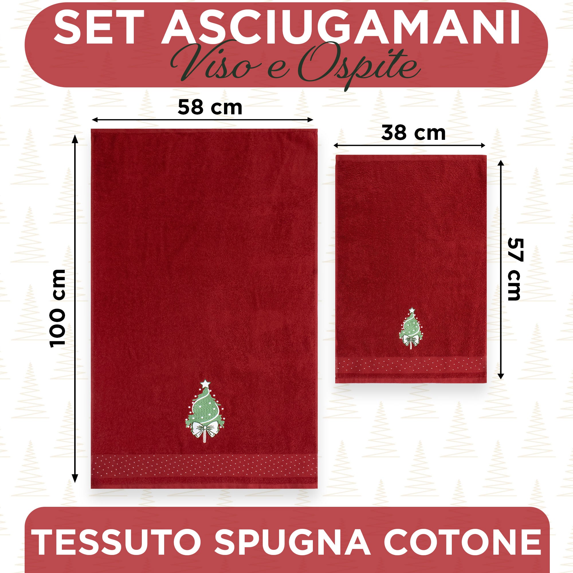 Asciugamani Natalizi Bagno set 1+1 in Spugna di Cotone Decoro Natale Abete 7148