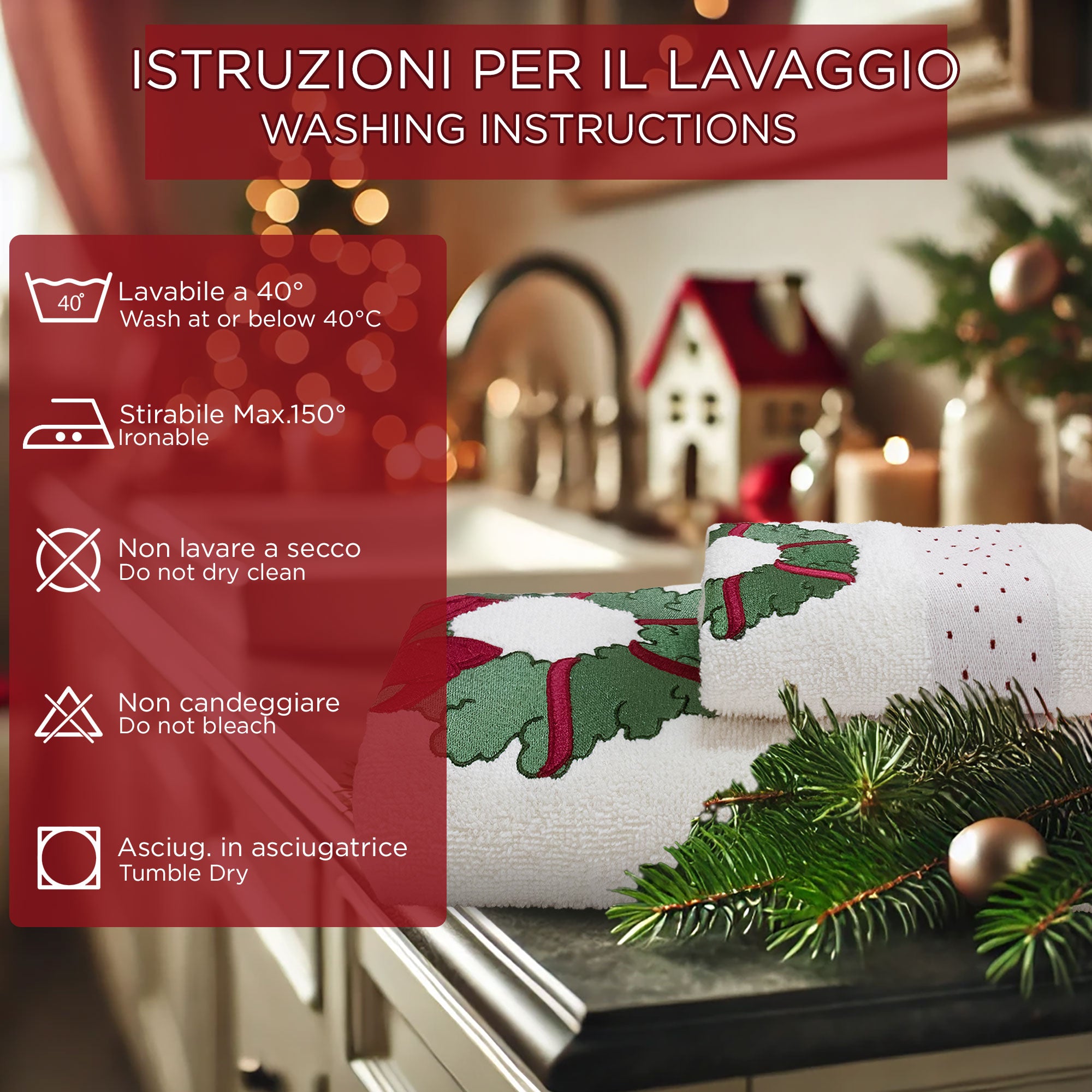 Asciugamani Natalizi Bagno set 1+1 in Spugna Cotone Decoro Ghirlanda Natale 7149