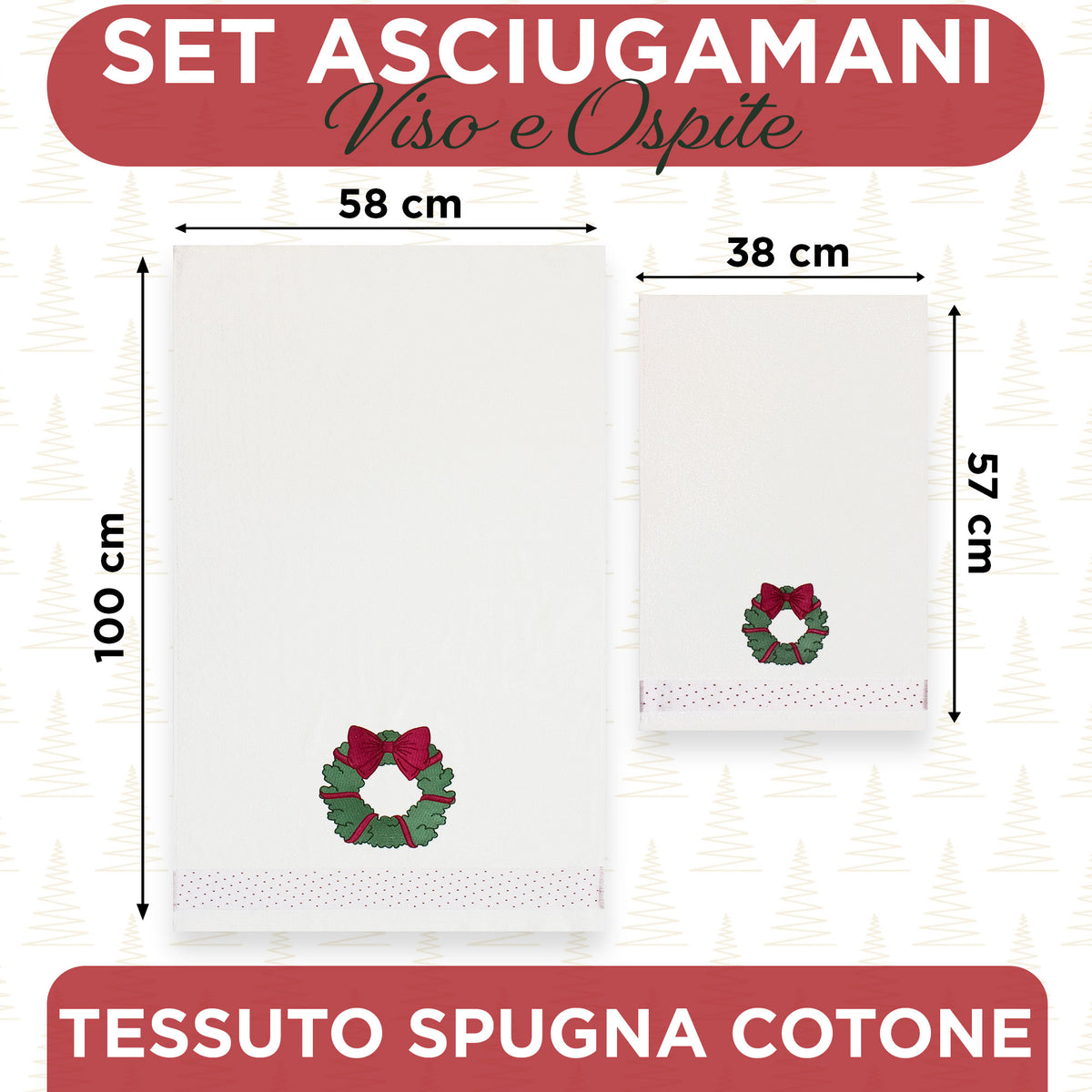 Asciugamani Natalizi Bagno set 1+1 in Spugna Cotone Decoro Ghirlanda Natale 7149