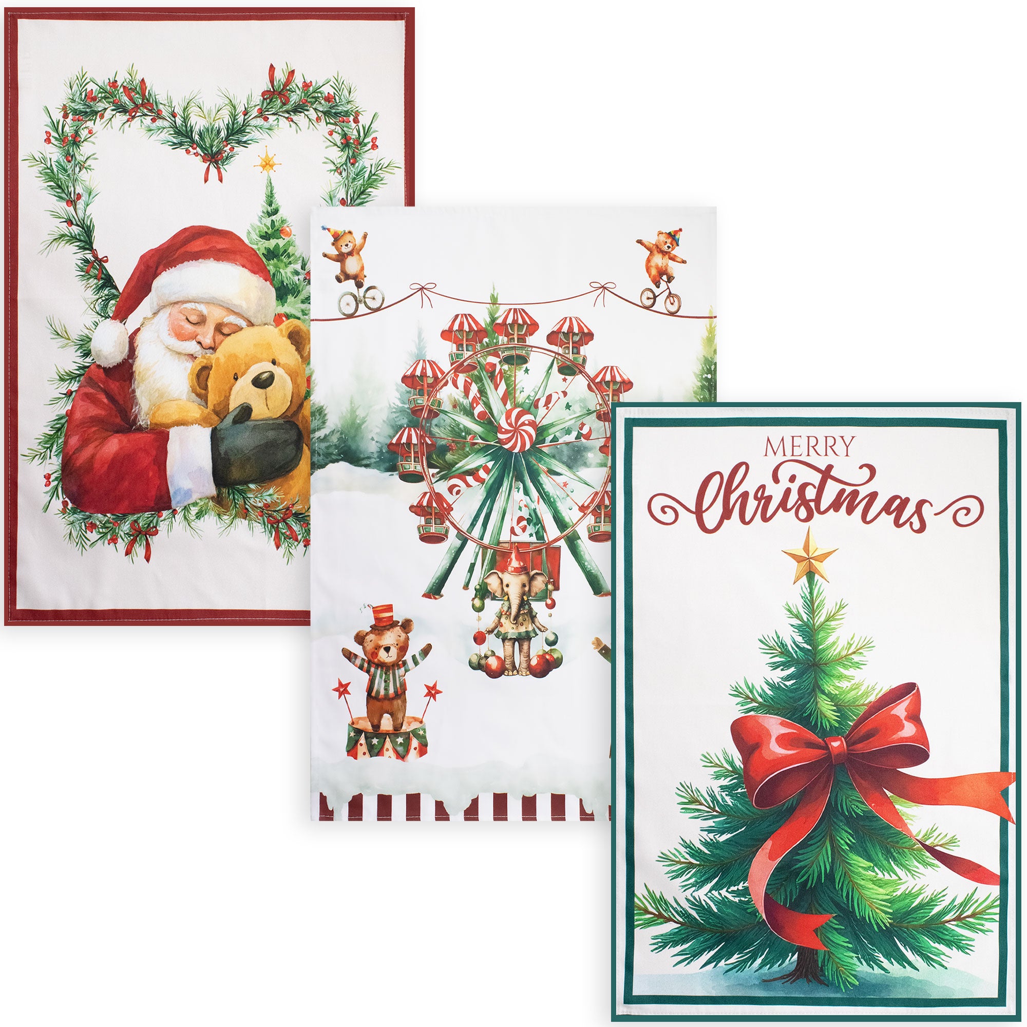 Set Strofinacci natalizi 3pz Canovacci Babbo Natale in cotone Decoro cucina 7150