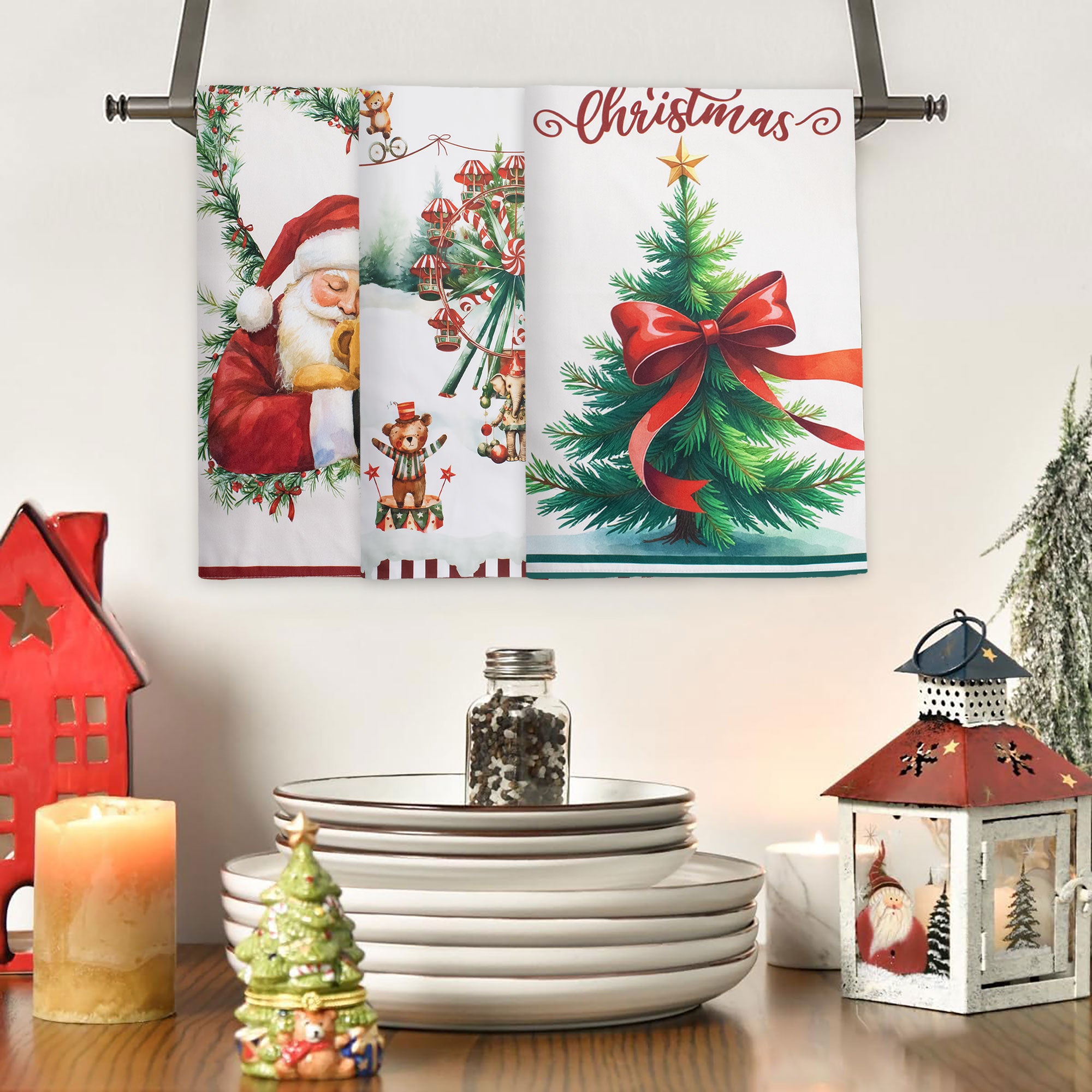 Set Strofinacci natalizi 3pz Canovacci Babbo Natale in cotone Decoro cucina 7150