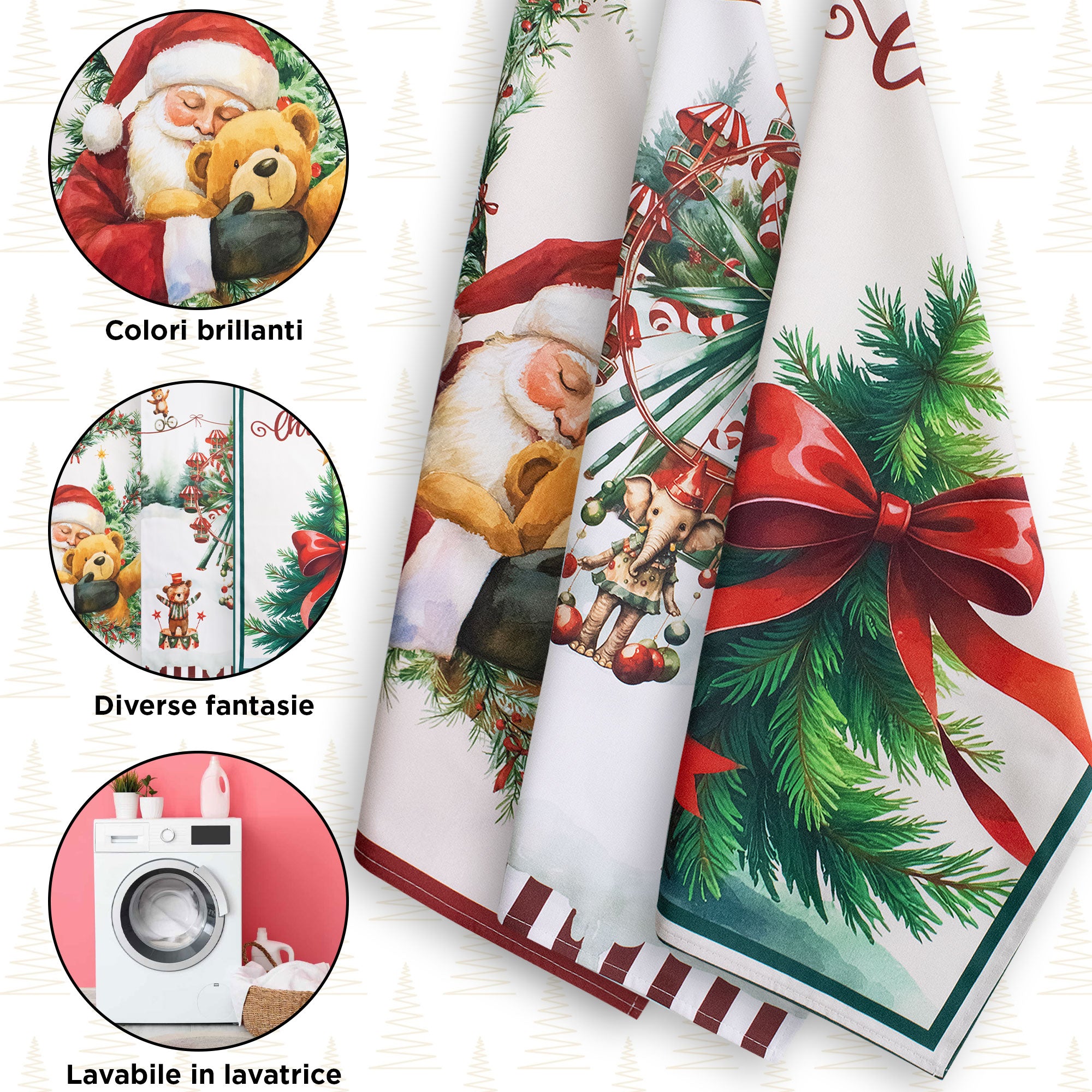 Set Strofinacci natalizi 3pz Canovacci Babbo Natale in cotone Decoro cucina 7150