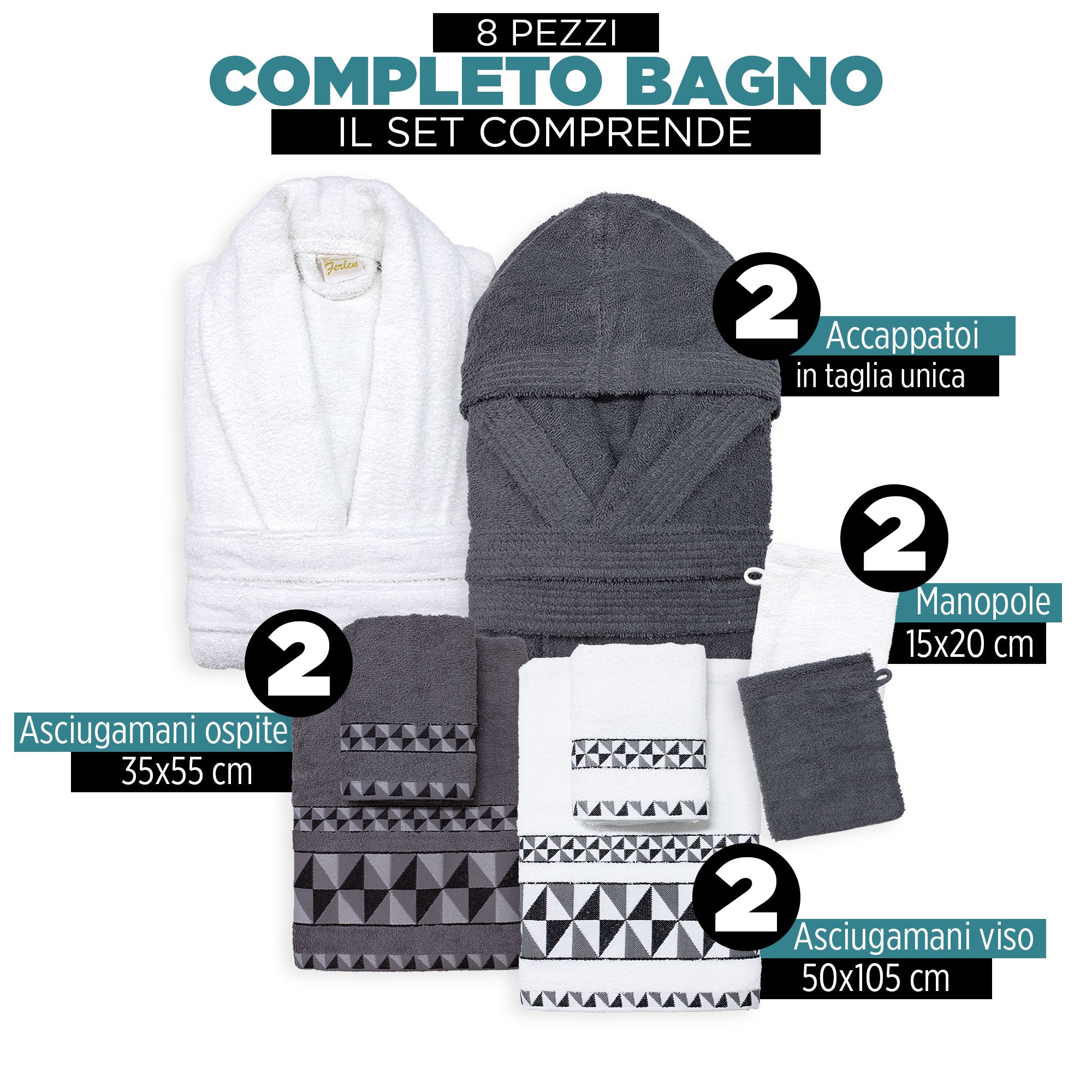 Completo bagno asciugamani accappatoi set uomo donna in spugna di cotone 7156