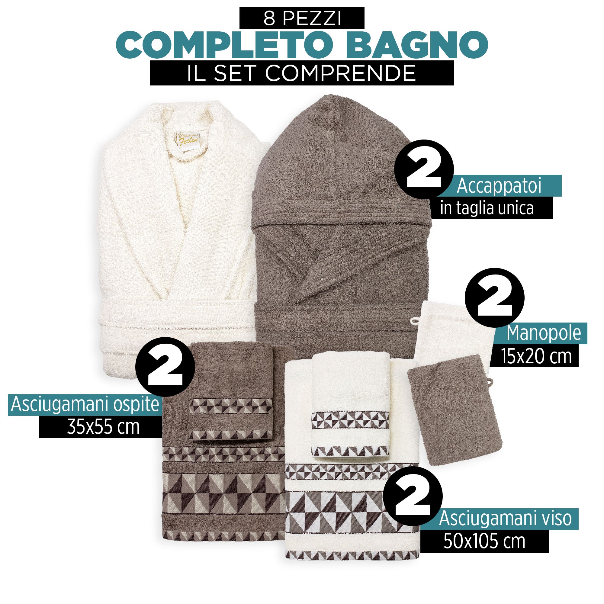 Completo bagno asciugamani accappatoi set uomo donna in spugna di cotone 7156