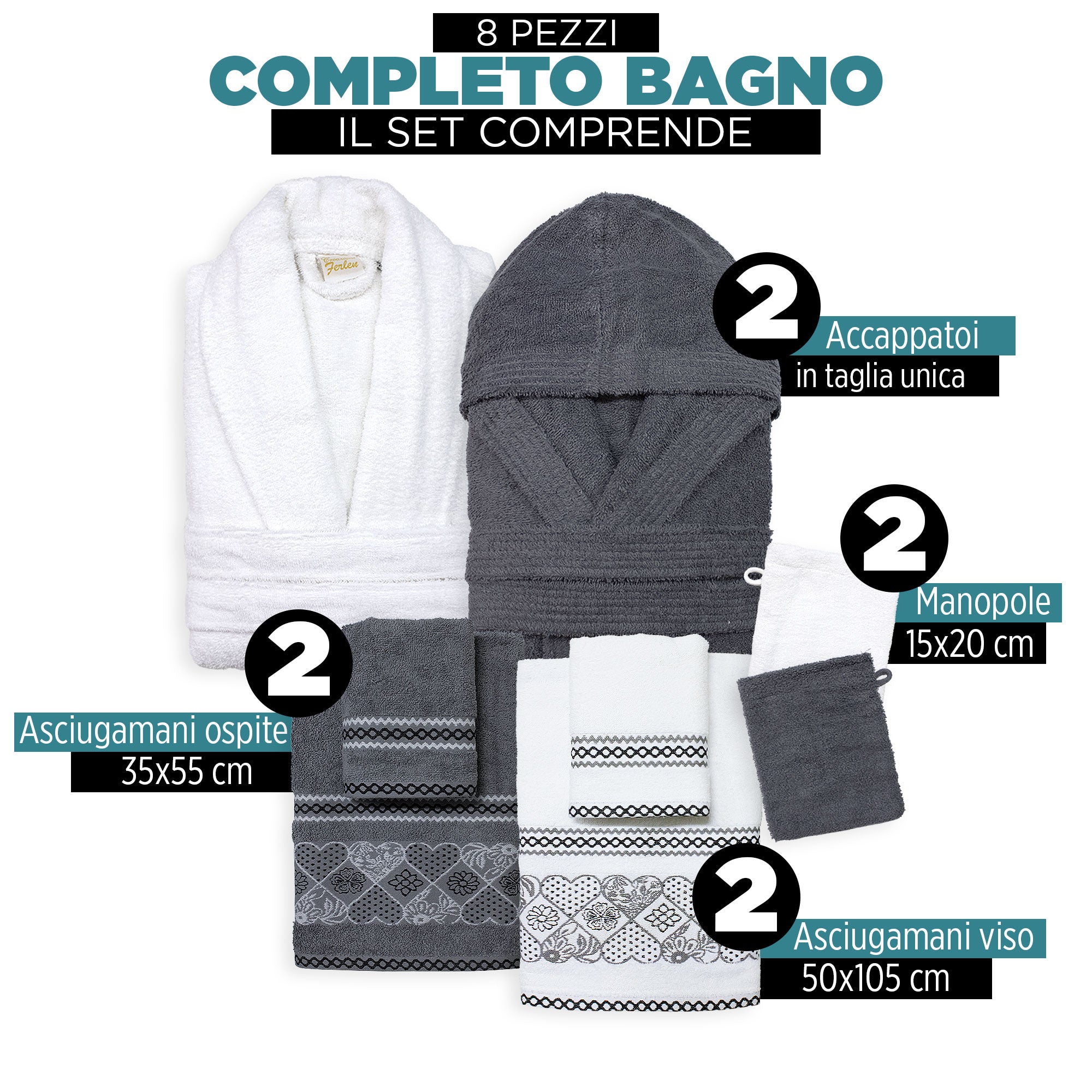 Completo bagno asciugamani accappatoi set uomo donna in spugna di cotone 7157