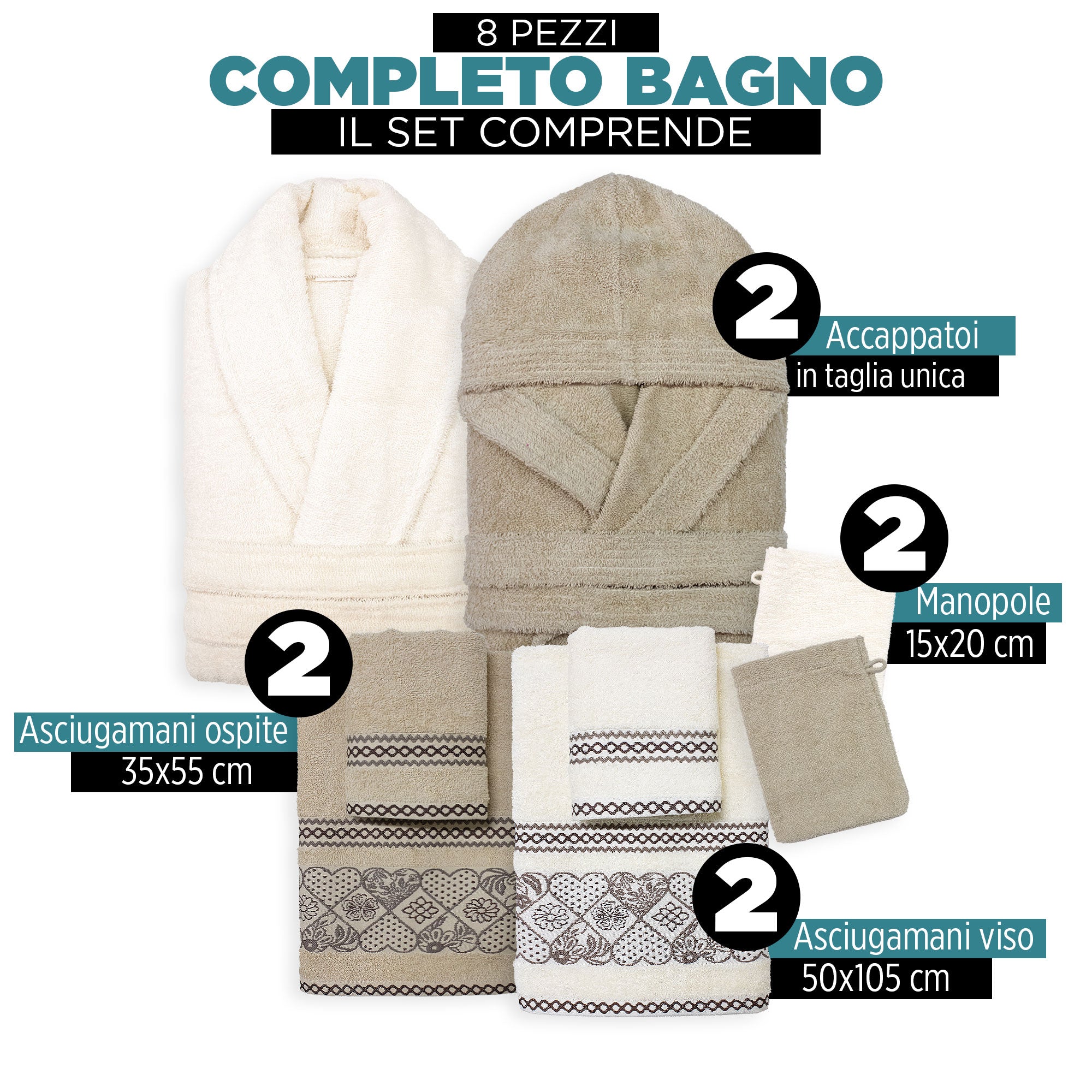 Completo bagno asciugamani accappatoi set uomo donna in spugna di cotone 7157