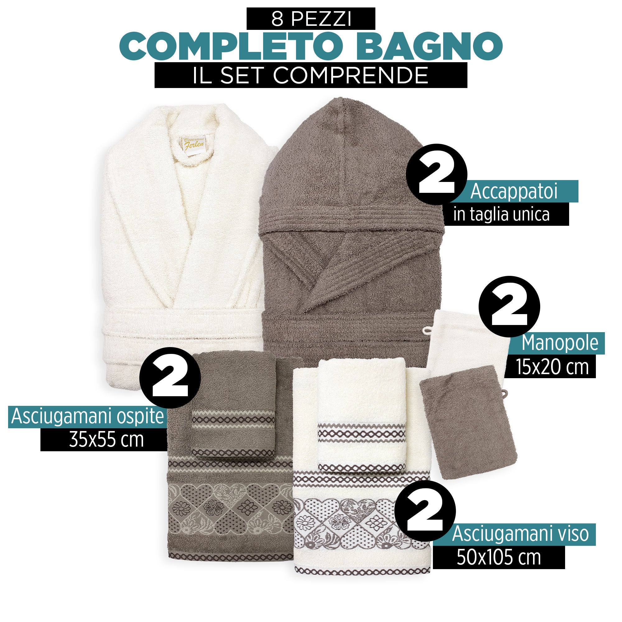 Completo bagno asciugamani accappatoi set uomo donna in spugna di cotone 7157