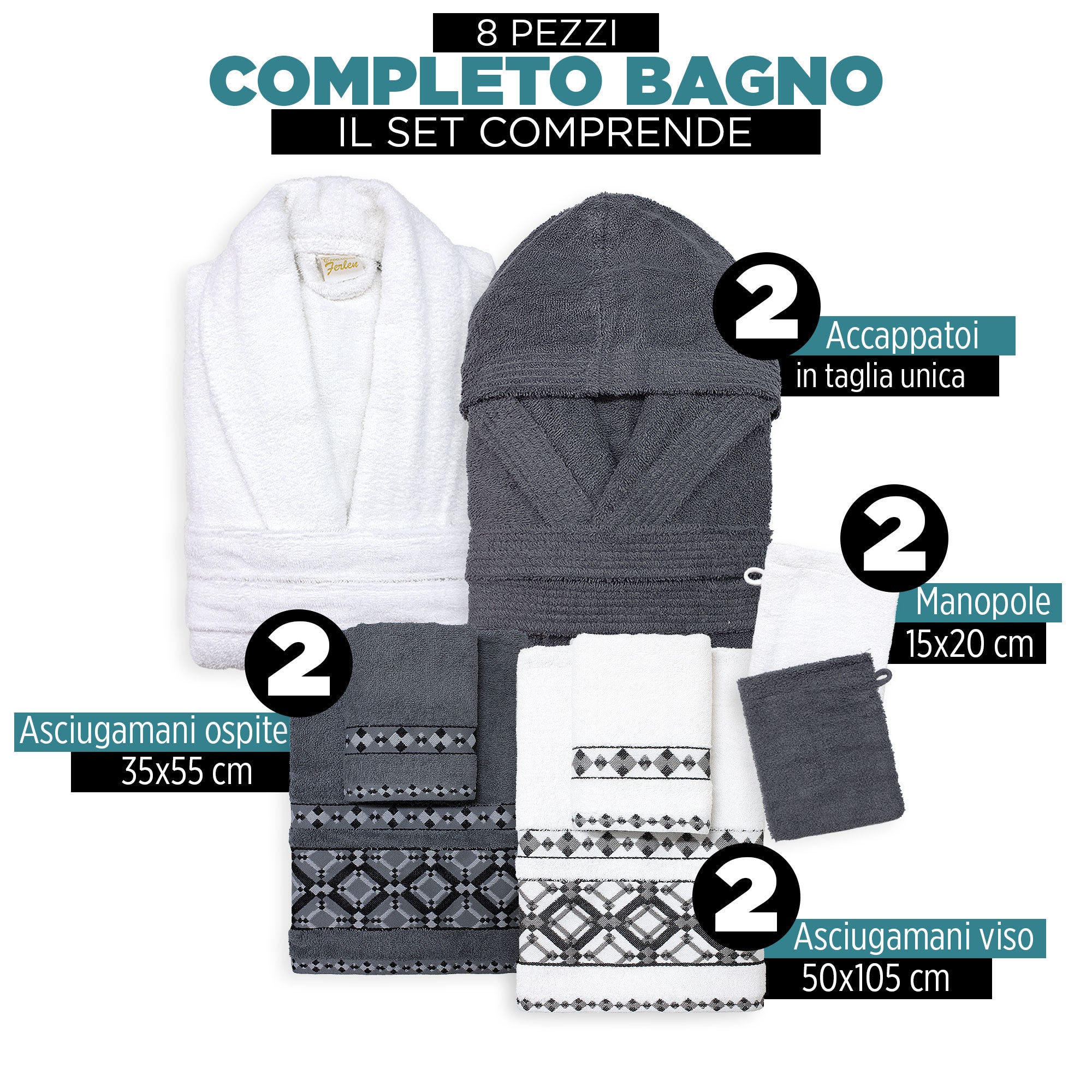 Completo bagno asciugamani accappatoi set uomo donna in spugna di cotone 7158