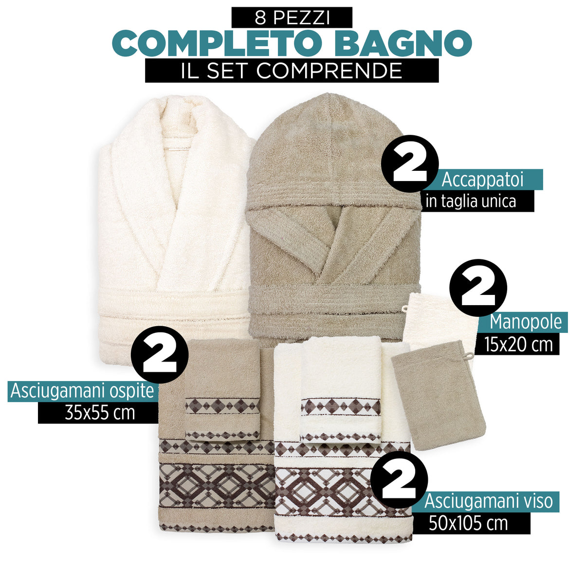 Completo bagno asciugamani accappatoi set uomo donna in spugna di cotone 7158