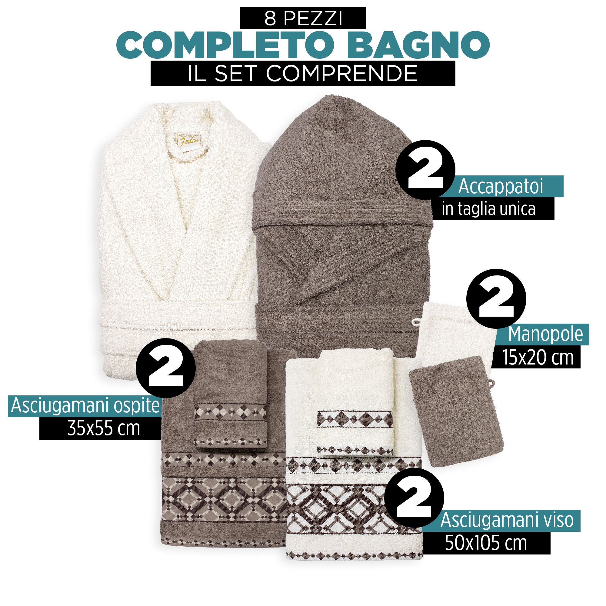Completo bagno asciugamani accappatoi set uomo donna in spugna di cotone 7158