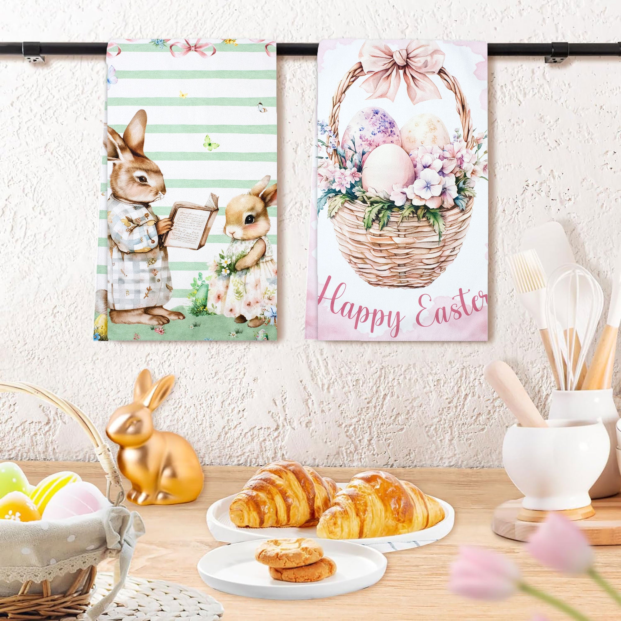 Set Strofinacci pasquali 6pz Canovacci Pasqua in cotone conigli primaverili 7162