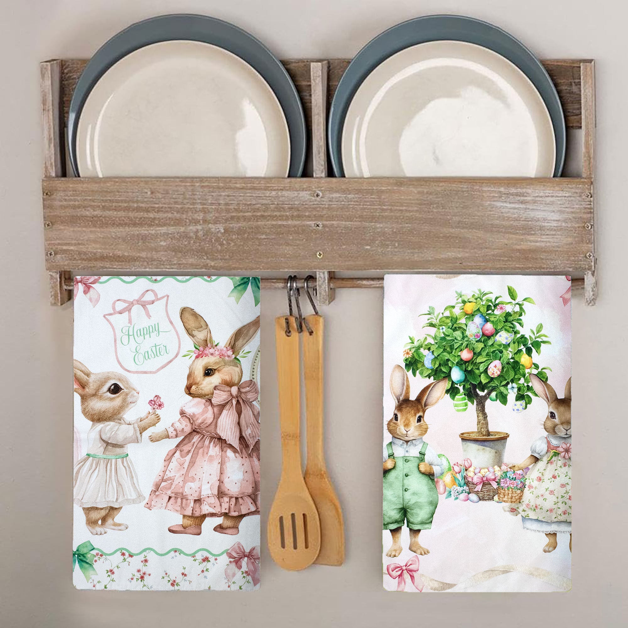 Set Strofinacci pasquali 6pz Canovacci Pasqua in cotone conigli primaverili 7162