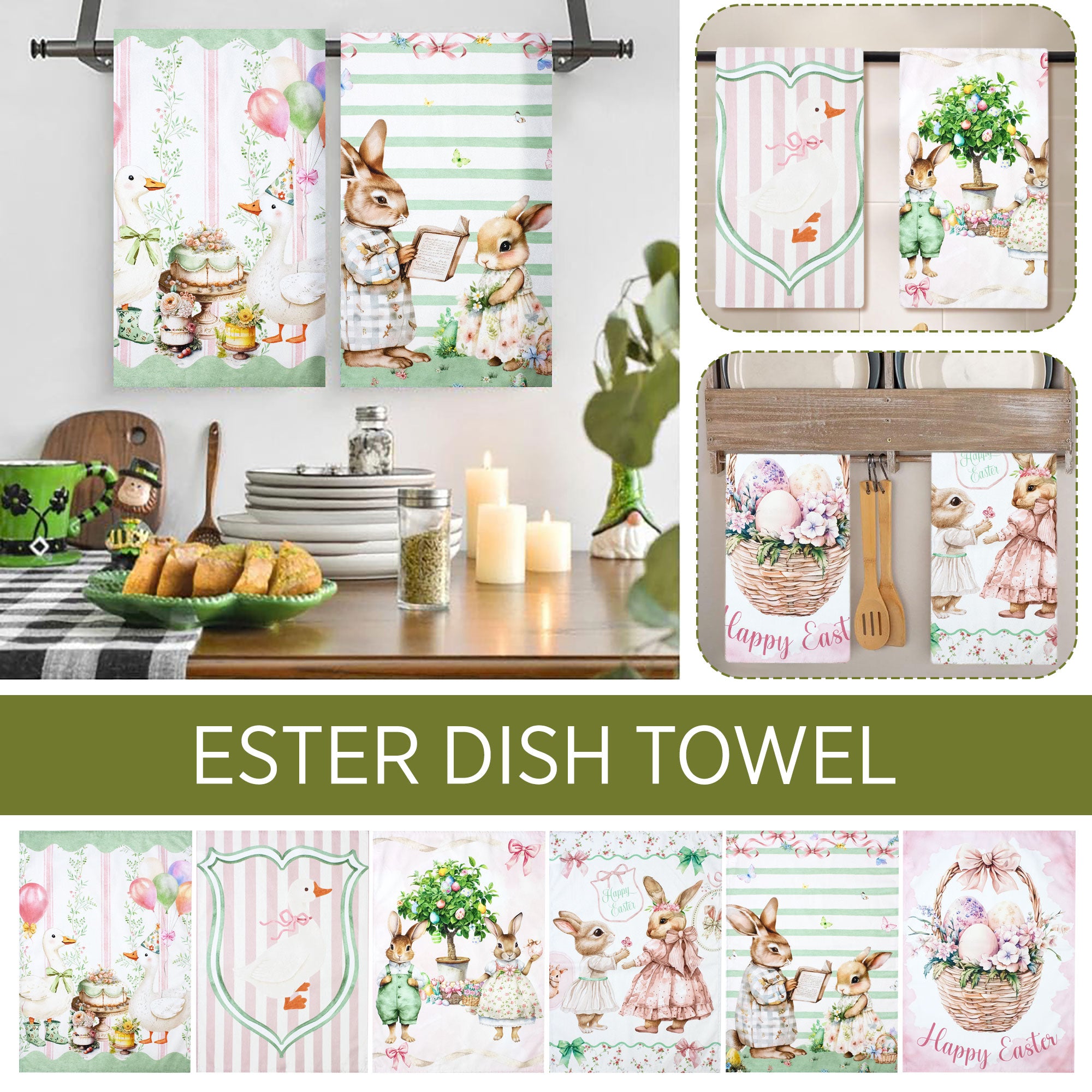 Set Strofinacci pasquali 6pz Canovacci Pasqua in cotone conigli primaverili 7162
