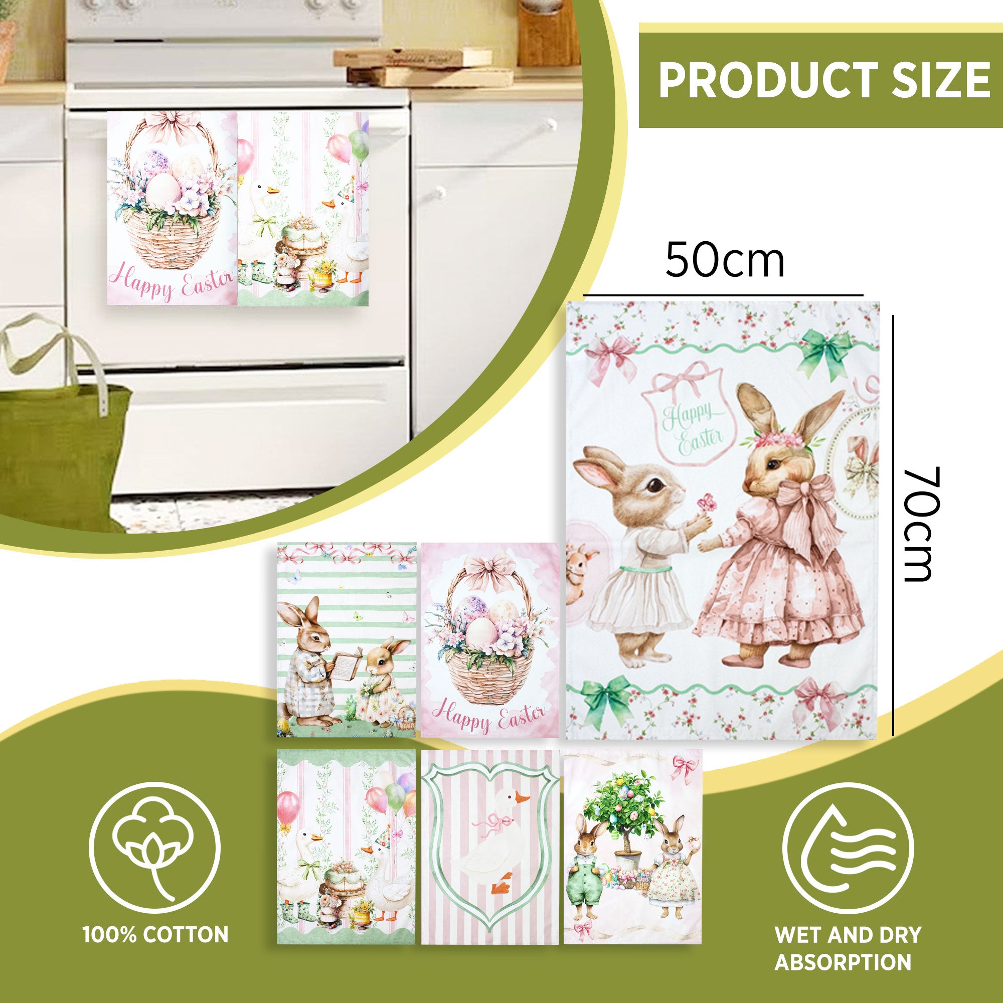 Set Strofinacci pasquali 6pz Canovacci Pasqua in cotone conigli primaverili 7162