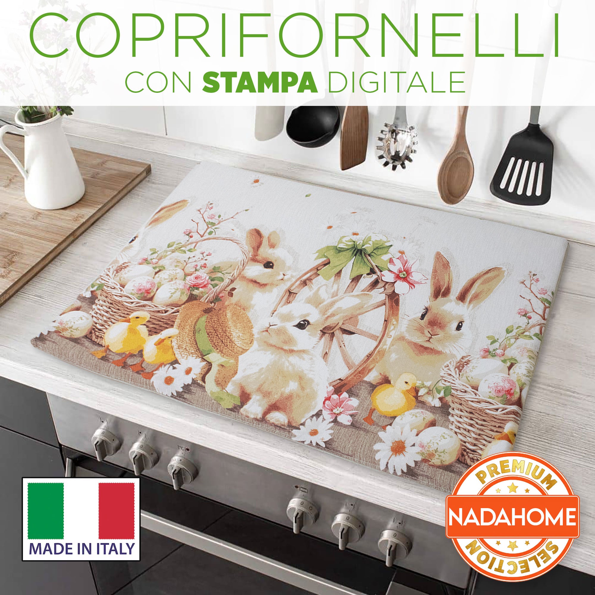 Coprifornelli cucina Pasquale imbottito stampa digitale Pasqua in cotone 7165