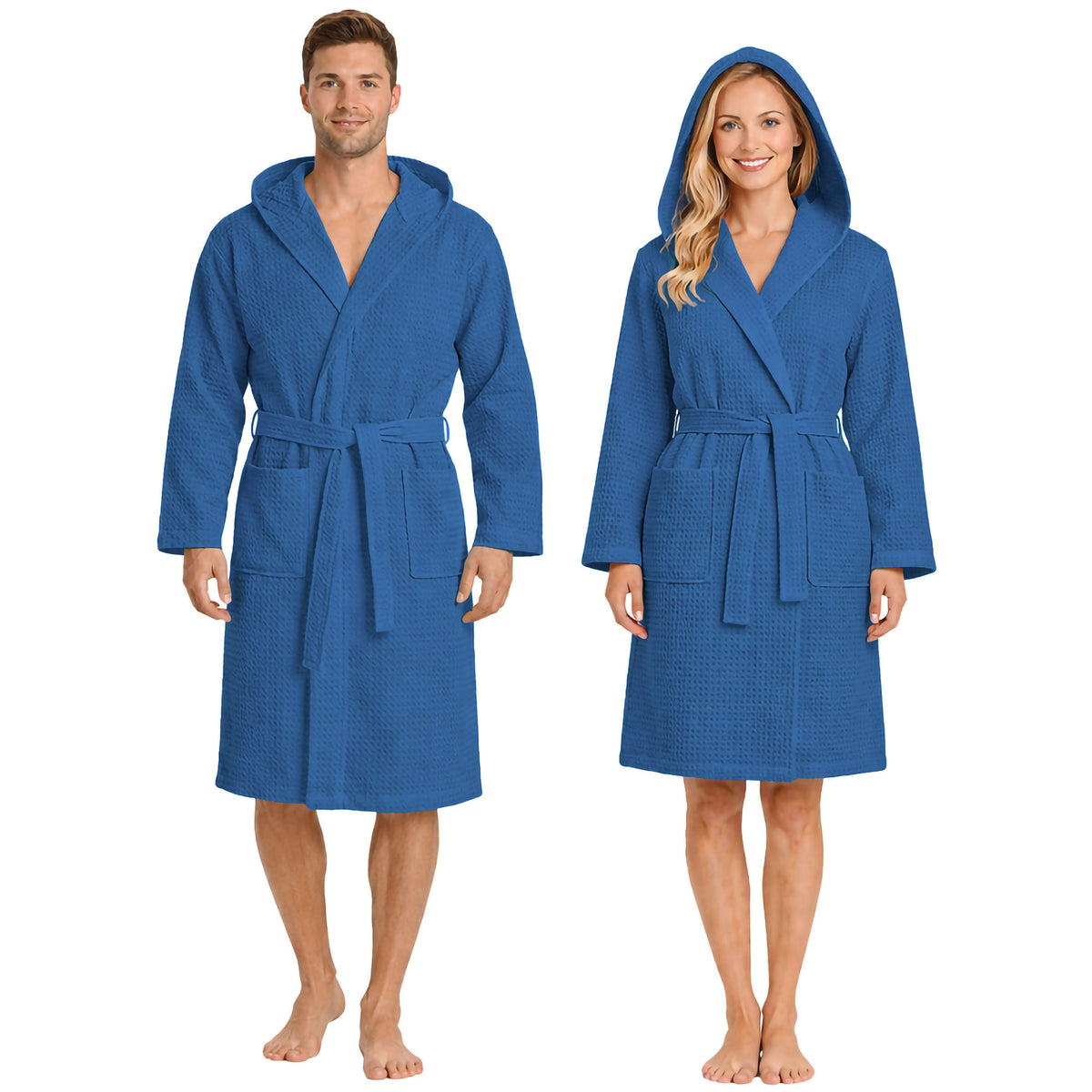 Unisex Waffelpiqué-Bademantel für Damen und Herren, leicht, mit Kapuze und Taschen, 7170
