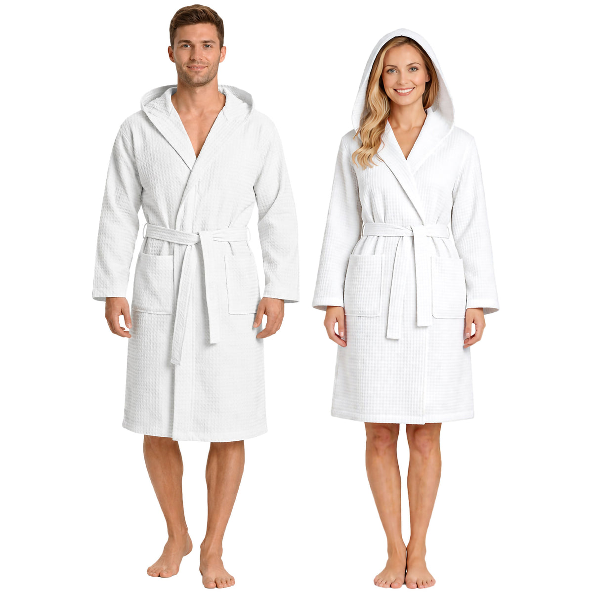 Unisex Waffelpiqué-Bademantel für Damen und Herren, leicht, mit Kapuze und Taschen, 7170