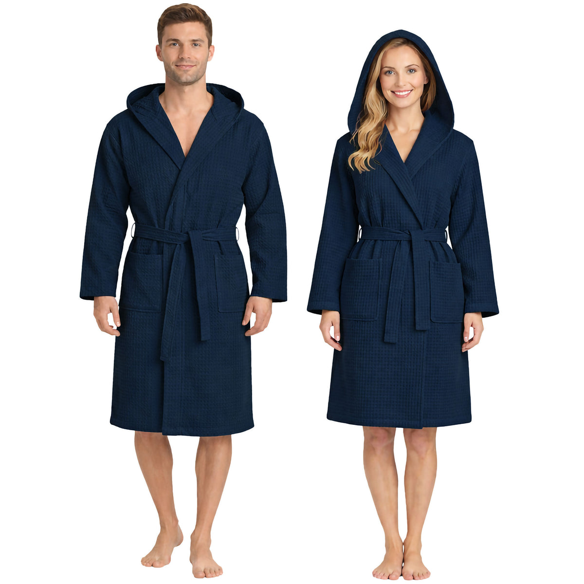 Unisex Waffelpiqué-Bademantel für Damen und Herren, leicht, mit Kapuze und Taschen, 7170