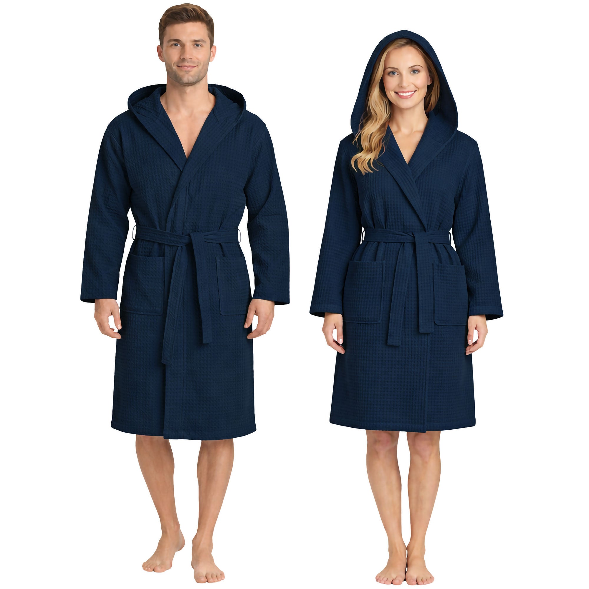 Unisex Waffelpiqué-Bademantel für Damen und Herren, leicht, mit Kapuze und Taschen, 7170