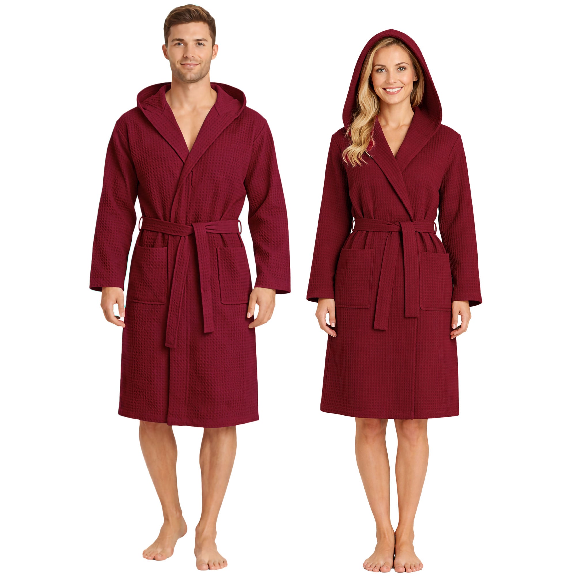 Unisex Waffelpiqué-Bademantel für Damen und Herren, leicht, mit Kapuze und Taschen, 7170