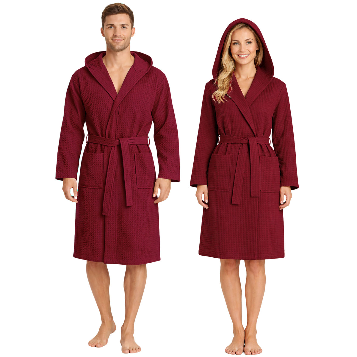 Unisex Waffelpiqué-Bademantel für Damen und Herren, leicht, mit Kapuze und Taschen, 7170