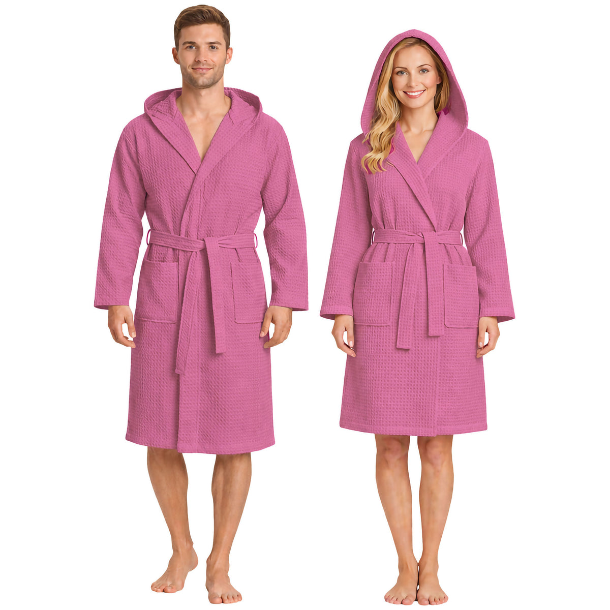 Unisex Waffelpiqué-Bademantel für Damen und Herren, leicht, mit Kapuze und Taschen, 7170