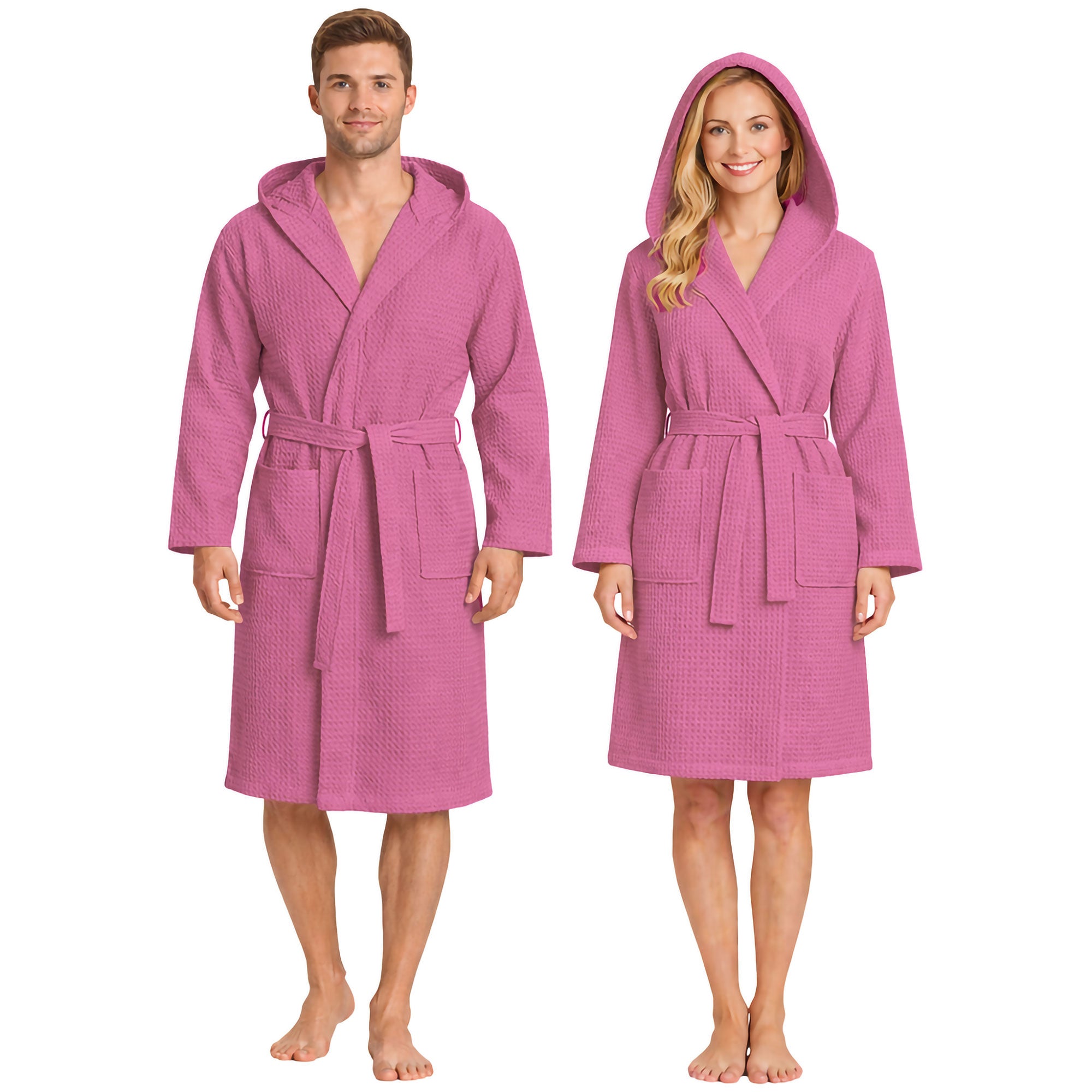 Unisex Waffelpiqué-Bademantel für Damen und Herren, leicht, mit Kapuze und Taschen, 7170