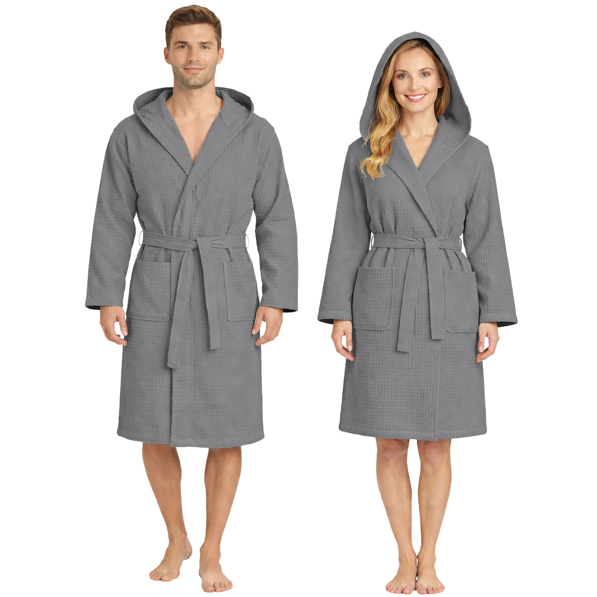 Unisex Waffelpiqué-Bademantel für Damen und Herren, leicht, mit Kapuze und Taschen, 7170