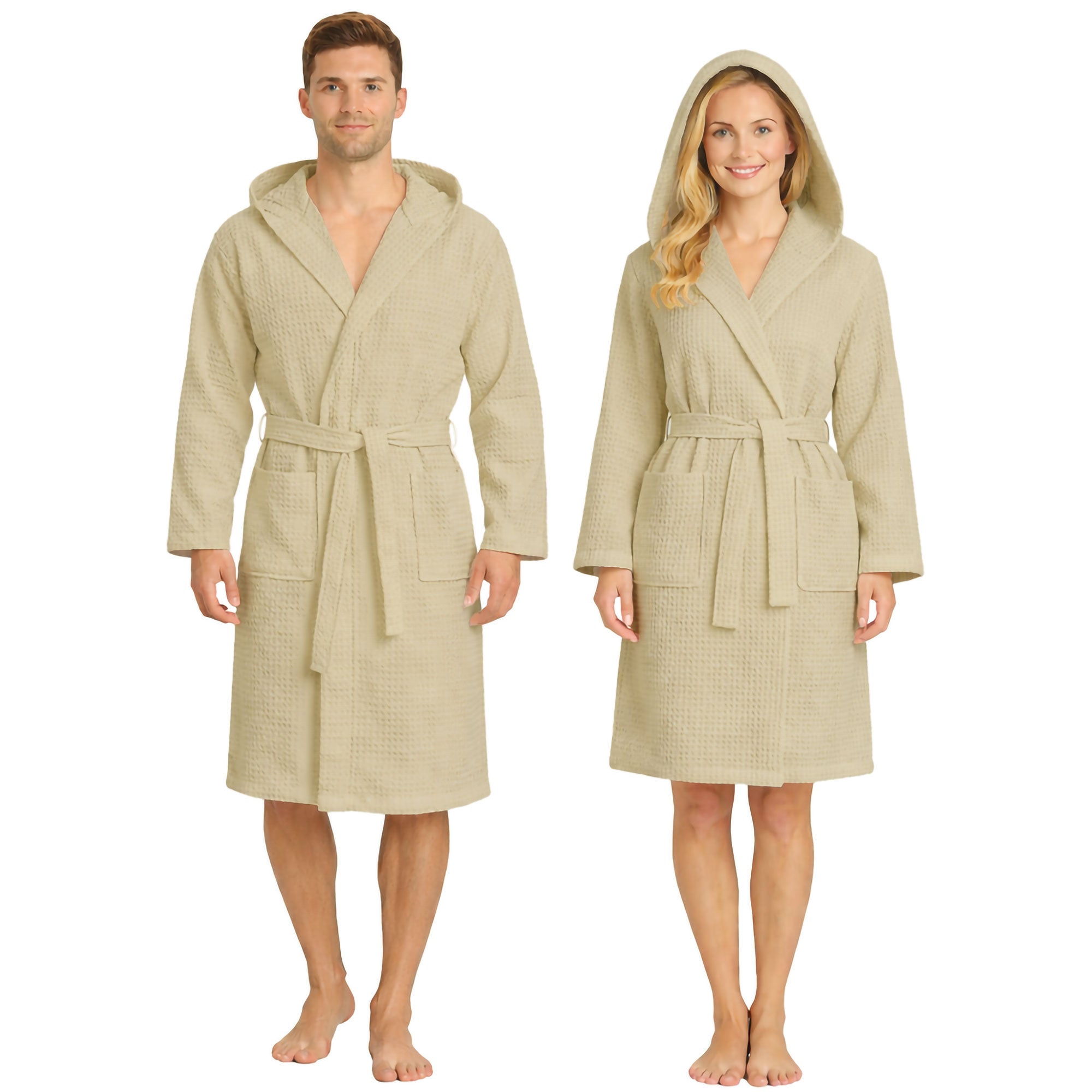 Unisex Waffelpiqué-Bademantel für Damen und Herren, leicht, mit Kapuze und Taschen, 7170