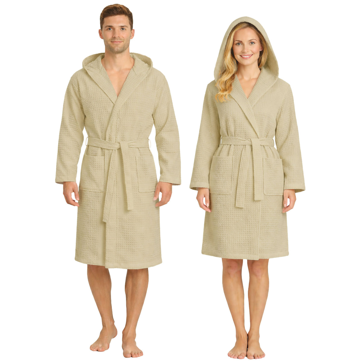 Unisex Waffelpiqué-Bademantel für Damen und Herren, leicht, mit Kapuze und Taschen, 7170
