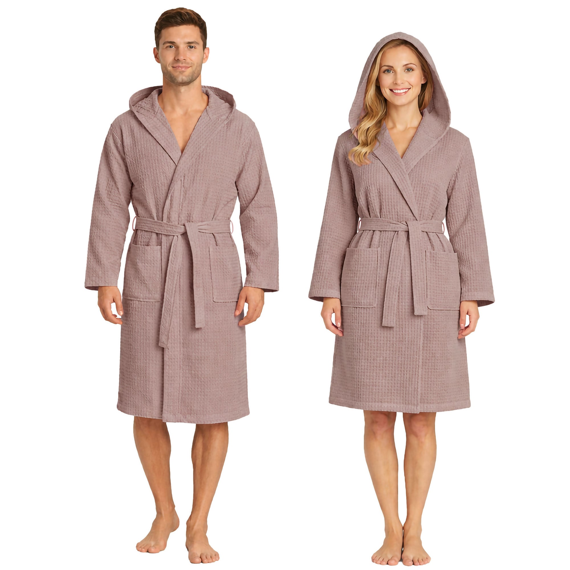 Unisex Waffelpiqué-Bademantel für Damen und Herren, leicht, mit Kapuze und Taschen, 7170