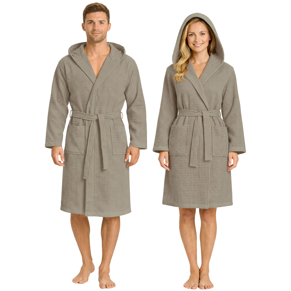 Unisex Waffelpiqué-Bademantel für Damen und Herren, leicht, mit Kapuze und Taschen, 7170