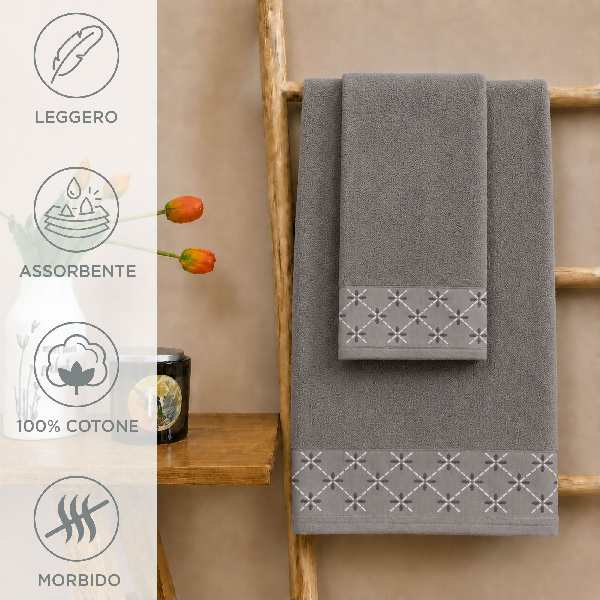Asciugamani bagno set viso e bidet in spugna puro cotone 1+1 ricamate 400gr 7172