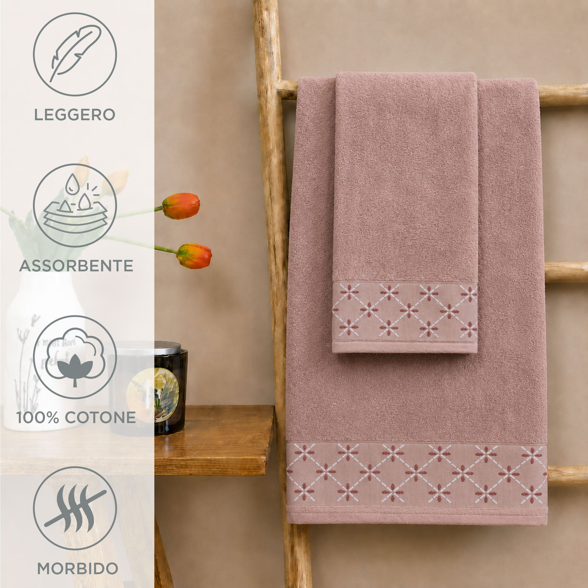 Asciugamani bagno set viso e bidet in spugna puro cotone 1+1 ricamate 400gr 7172