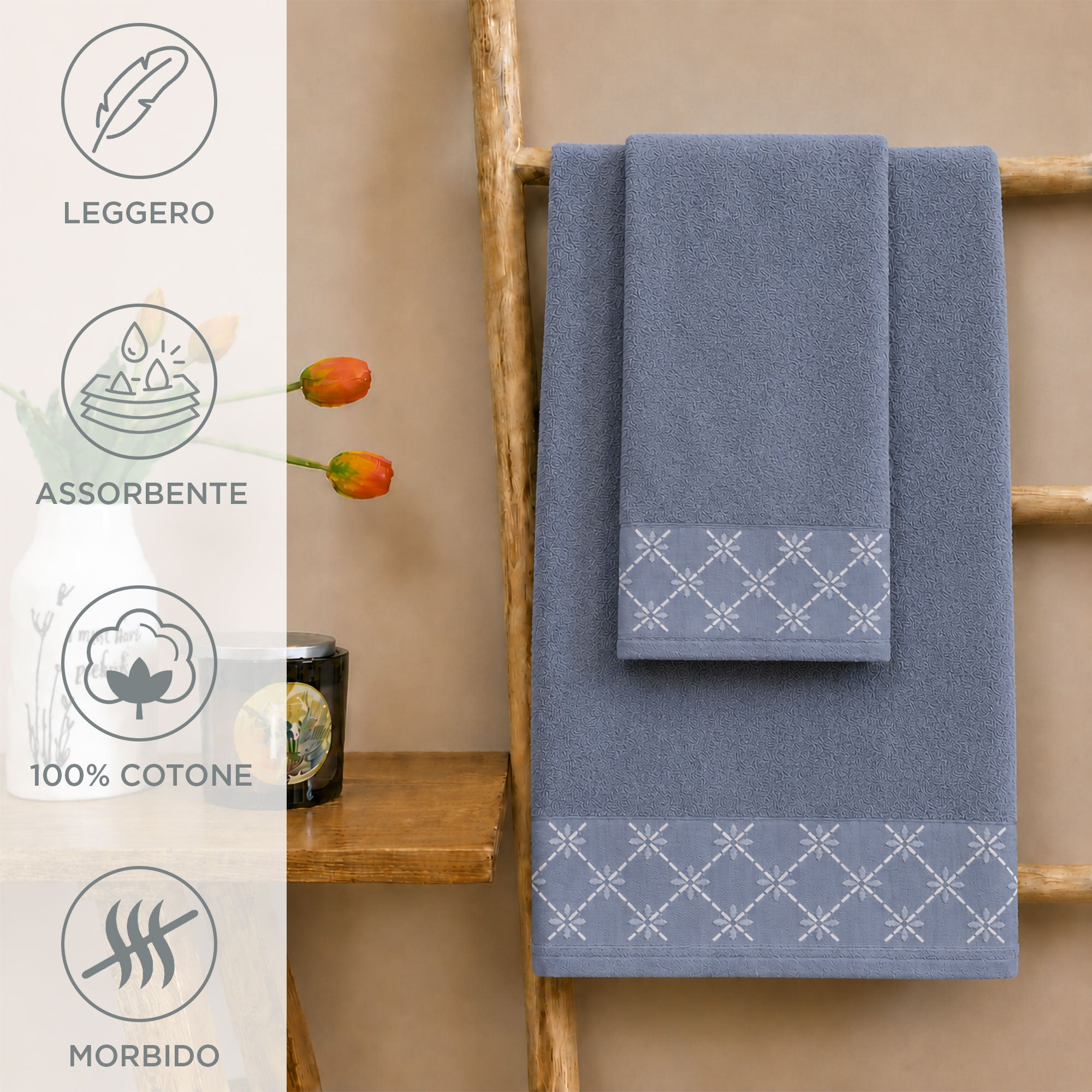 Asciugamani bagno set viso e bidet in spugna puro cotone 1+1 ricamate 400gr 7172