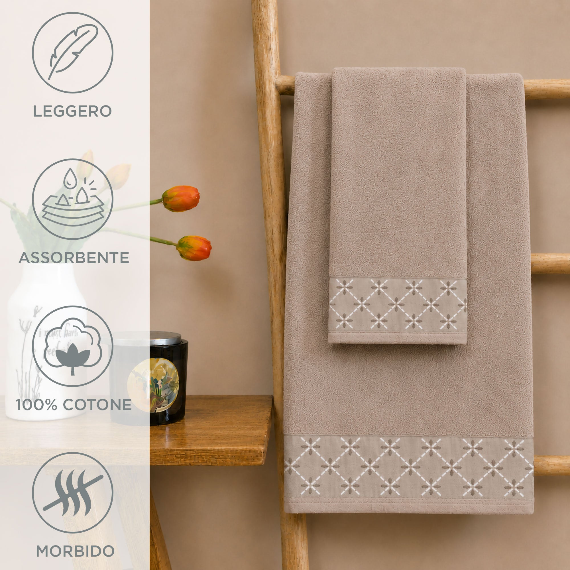 Asciugamani bagno set viso e bidet in spugna puro cotone 1+1 ricamate 400gr 7172