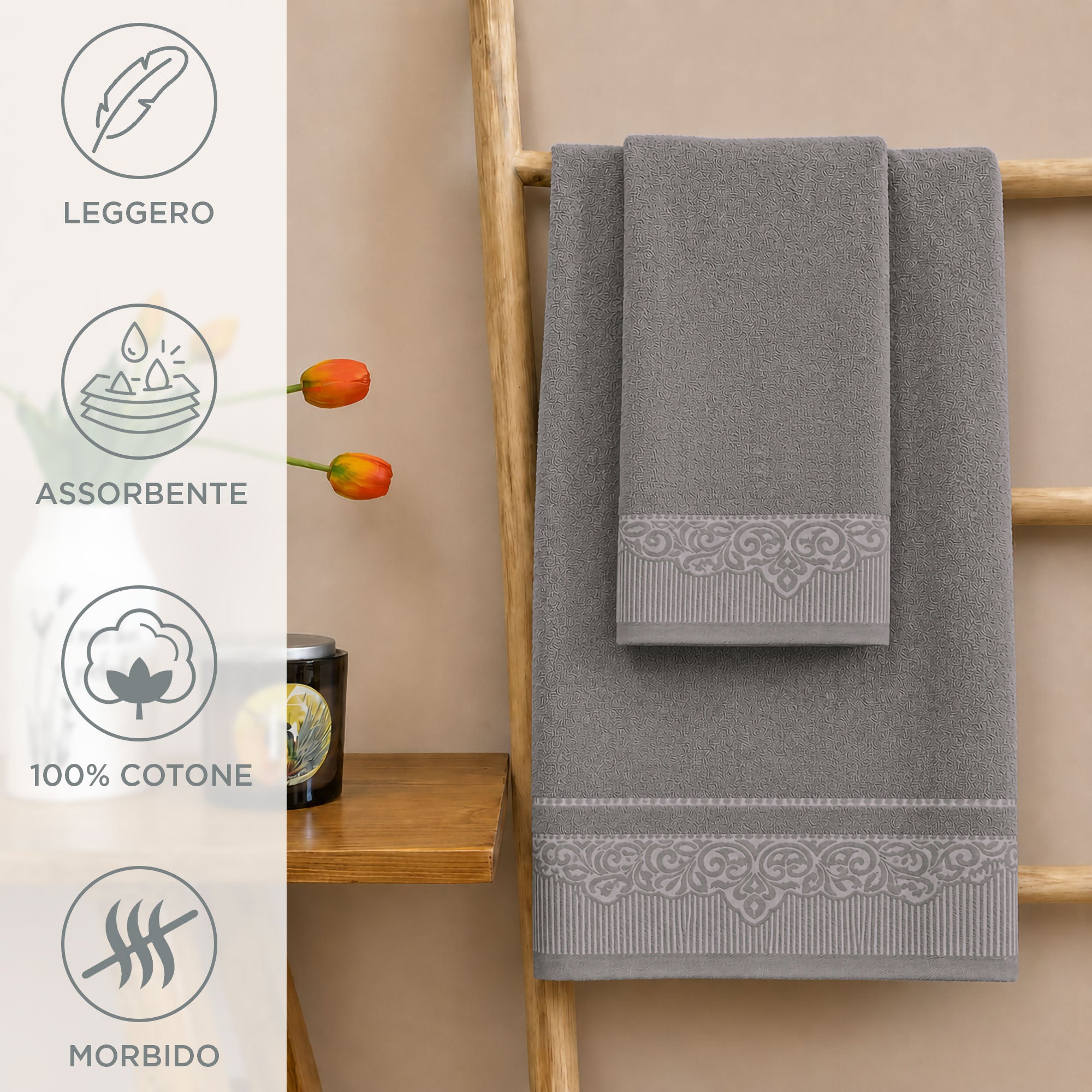 Asciugamani bagno set viso e bidet in spugna puro cotone 1+1 ricamate 400gr 7172