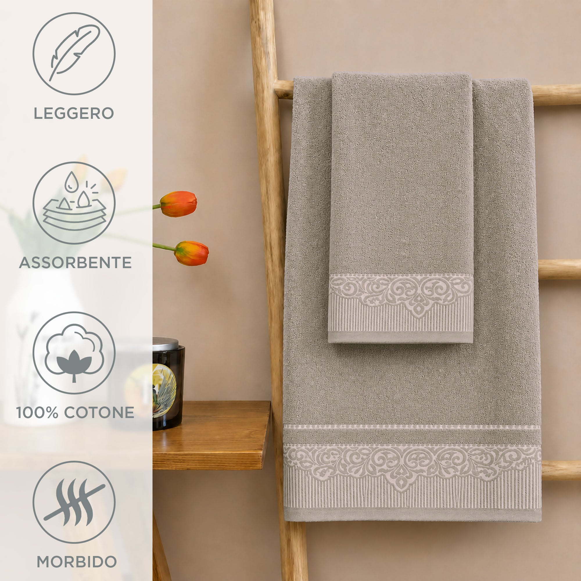 Asciugamani bagno set viso e bidet in spugna puro cotone 1+1 ricamate 400gr 7172