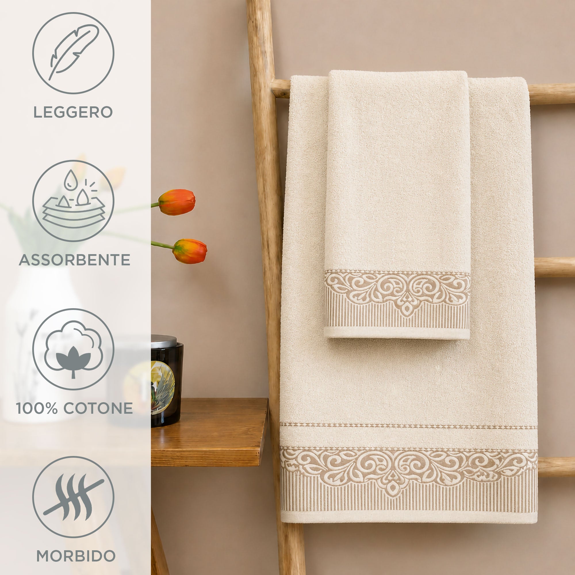 Asciugamani bagno set viso e bidet in spugna puro cotone 1+1 ricamate 400gr 7172