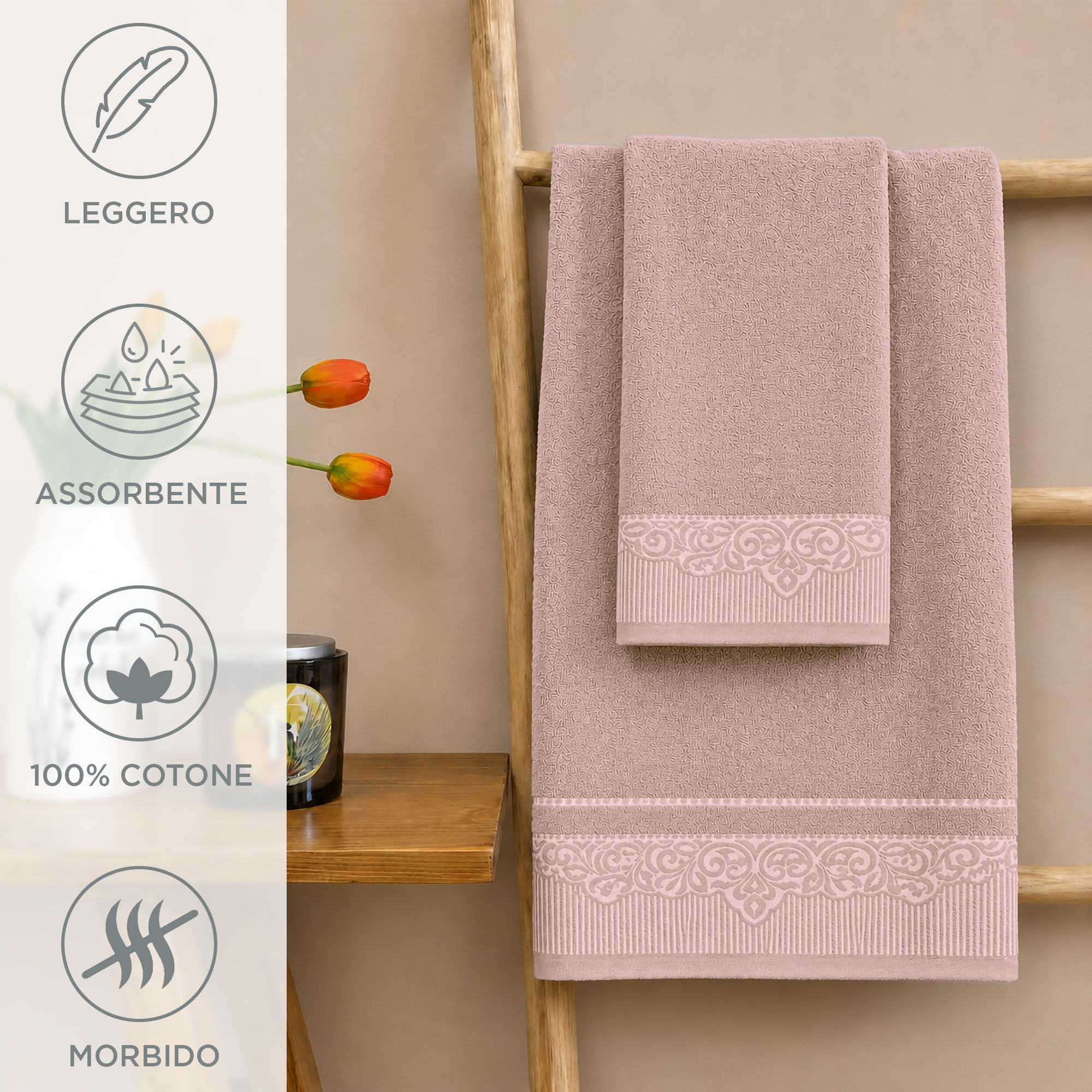 Asciugamani bagno set viso e bidet in spugna puro cotone 1+1 ricamate 400gr 7172