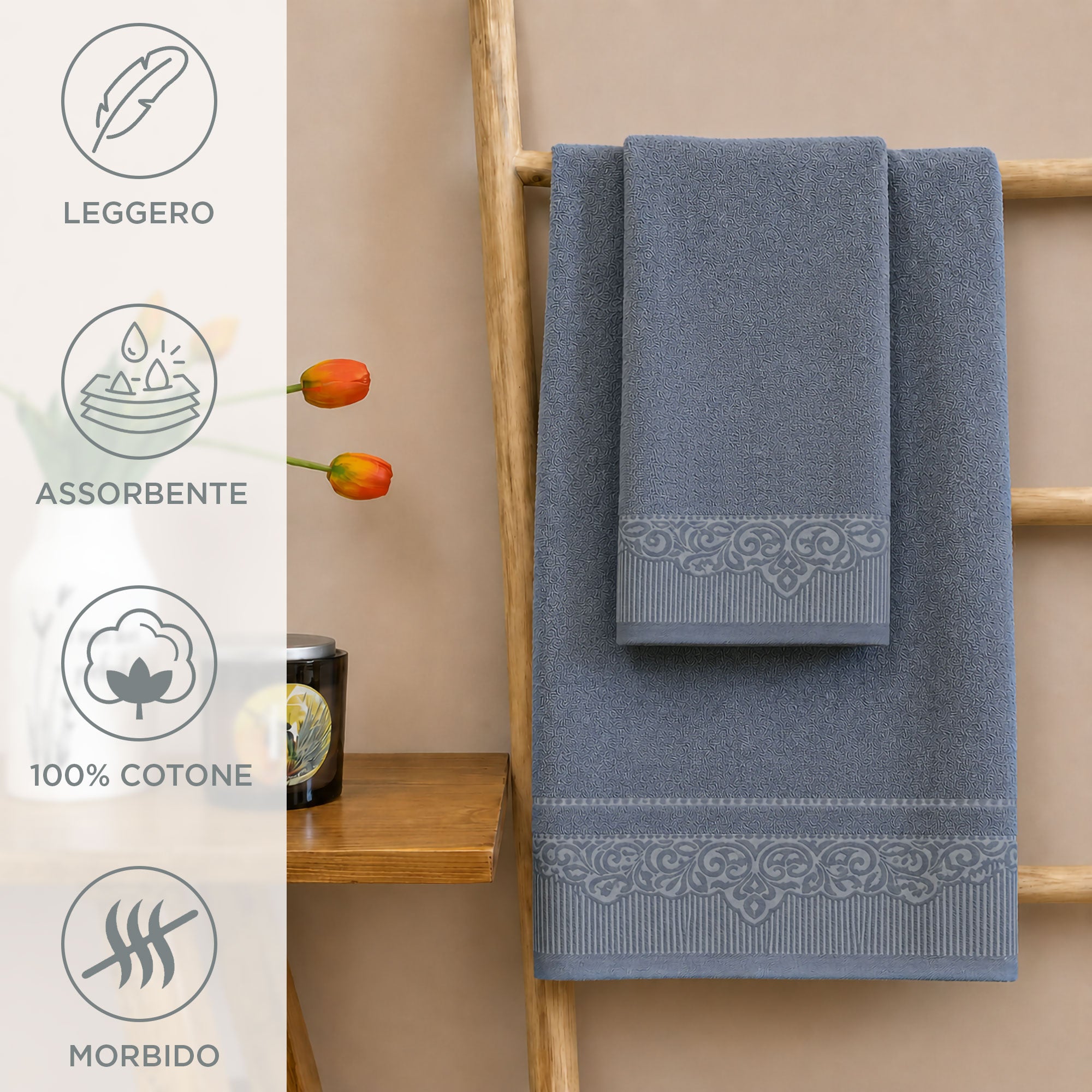 Asciugamani bagno set viso e bidet in spugna puro cotone 6+6 ricamate 400gr 7174