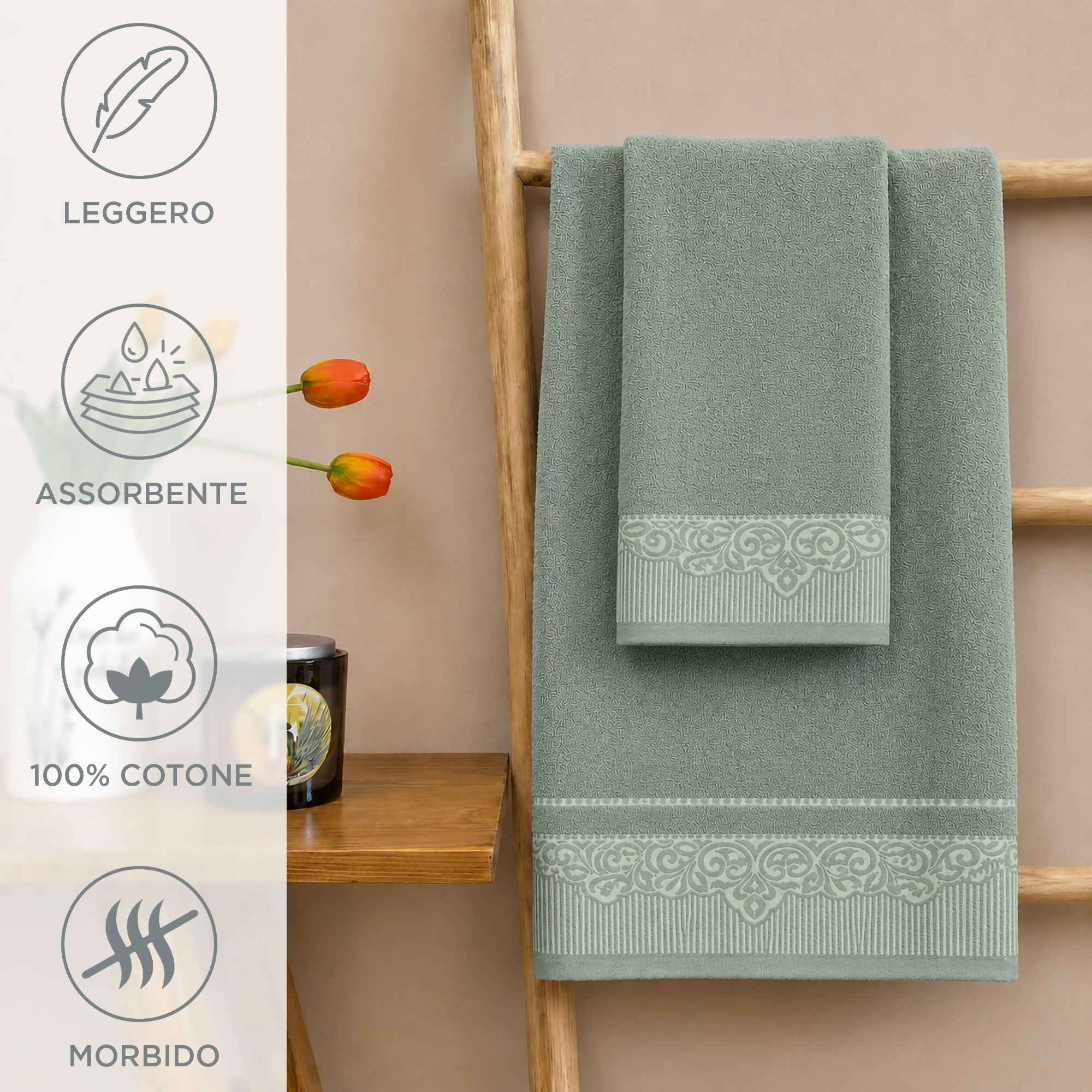 Asciugamani bagno set viso e bidet in spugna puro cotone 1+1 ricamate 400gr 7172